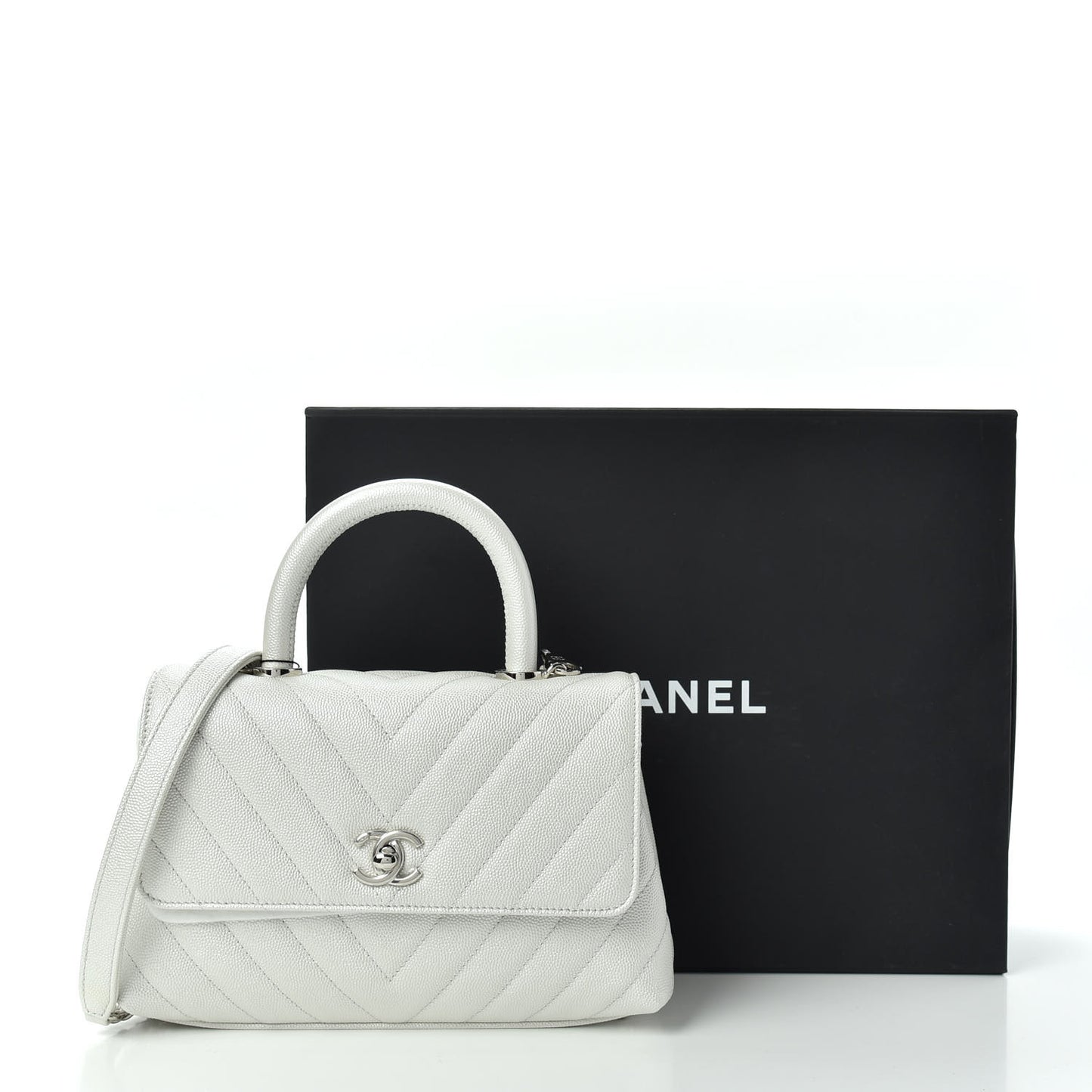 Iridescent Caviar Chevron Quilted Mini Coco Handle Flap White