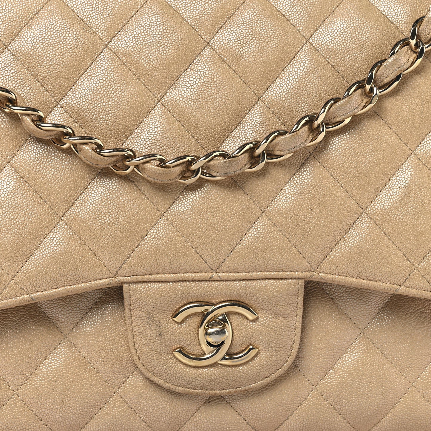 Iridescent Caviar Quilted Jumbo Double Flap Beige
