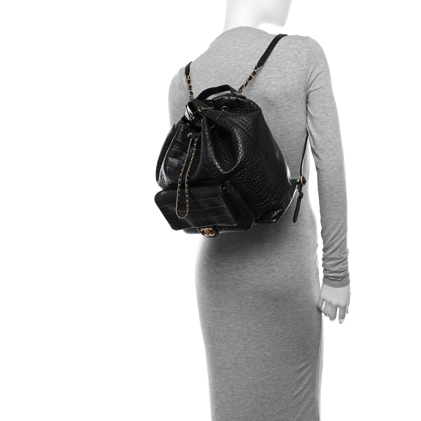 Calfskin Crocodile Embossed Large Backpack Black