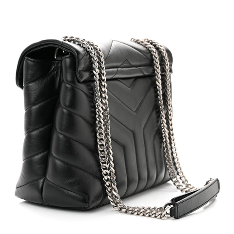 SAINT LAURENT Calfskin Y Quilted Monogram Small Loulou Chain Satchel Black