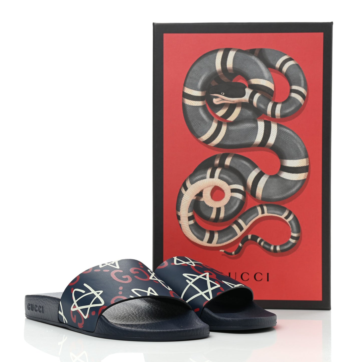 Calfskin GucciGhost Print Womens Slide Sandals 37 Blue Agata Hibiscus Red