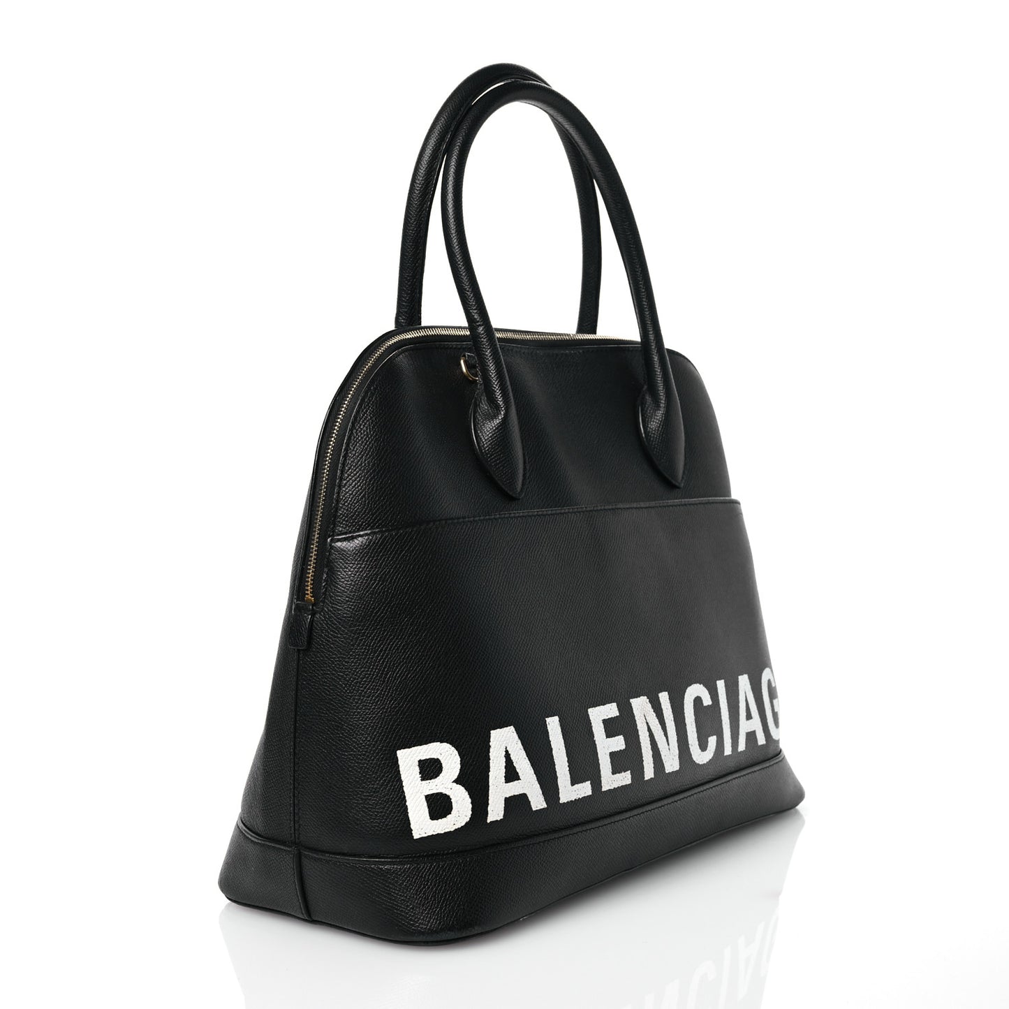 Signature Grained Calfskin Logo M Ville Top Handle Bag Black