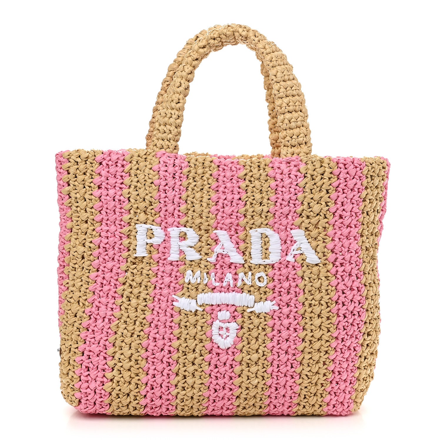 Prada Yarn Raffia Effect Crochet Striped Small Logo Tote Naturale