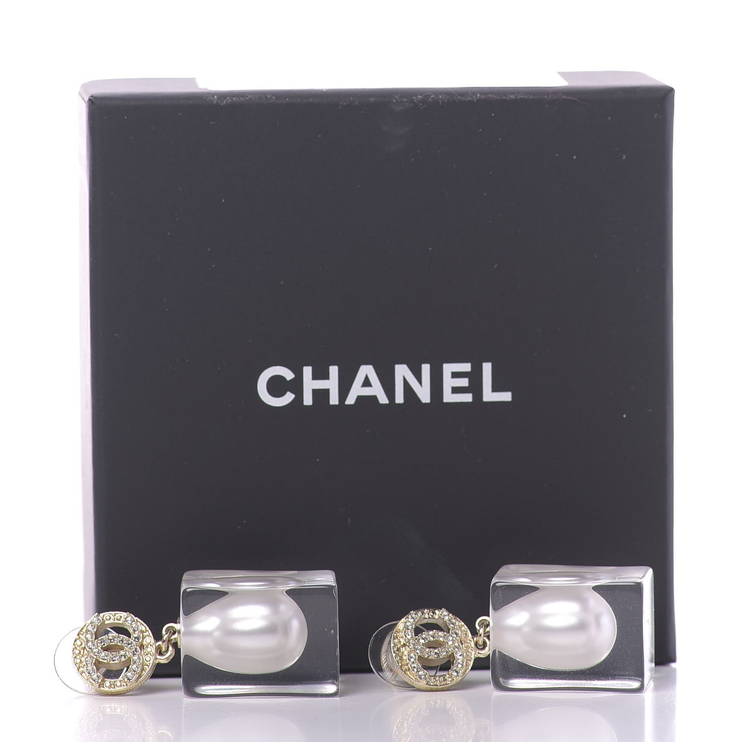 Crystal Lucite Pearl CC Drop Earrings Gold