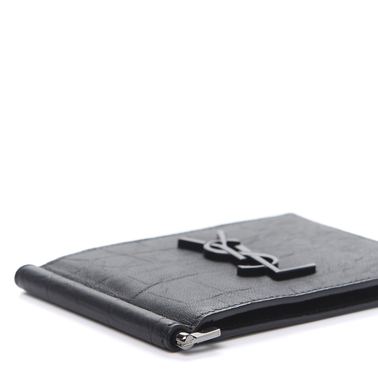 Saint Laurent Calfskin Crocodile Embossed Bill Clip Card Case Black 7 of 8