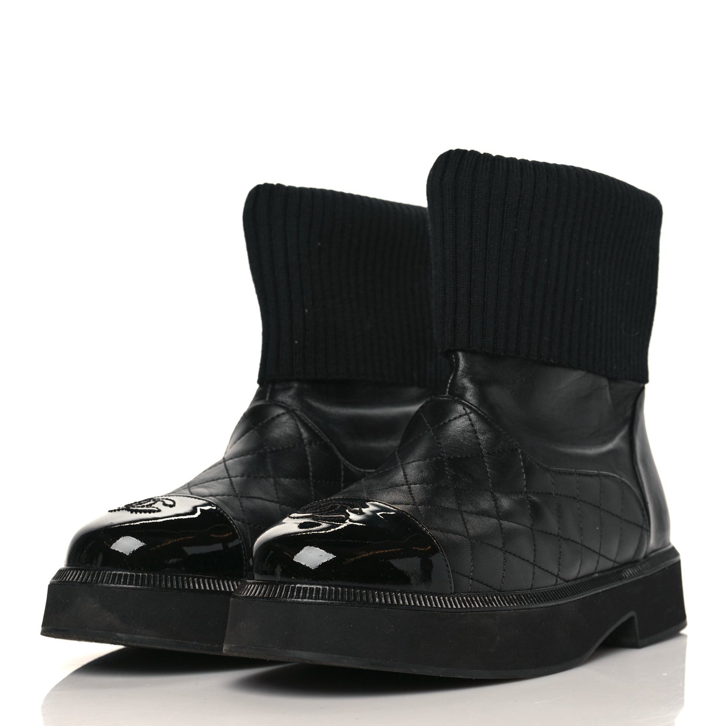 Calfskin Patent Knit Quilted CC Cap Toe Boots 38 Black