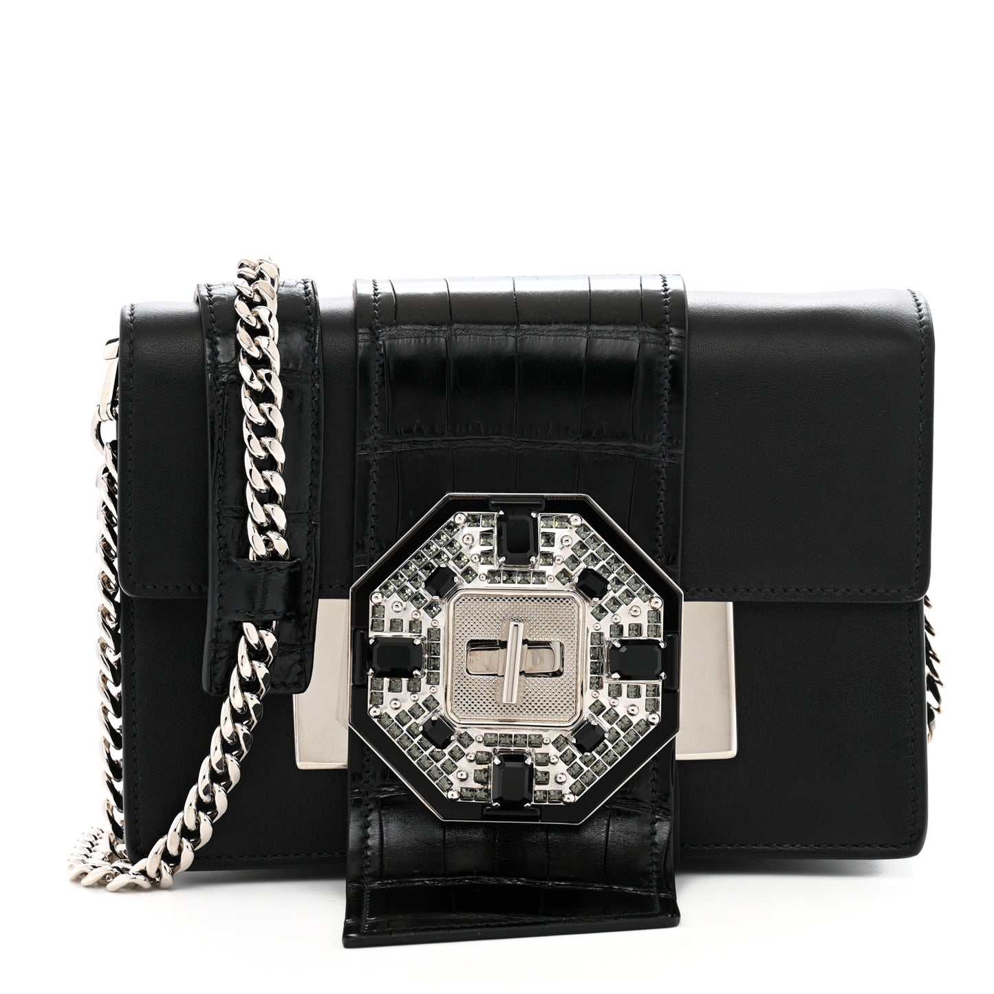 City Calf Cocco Crystal Embellished Ribbon Bag Black