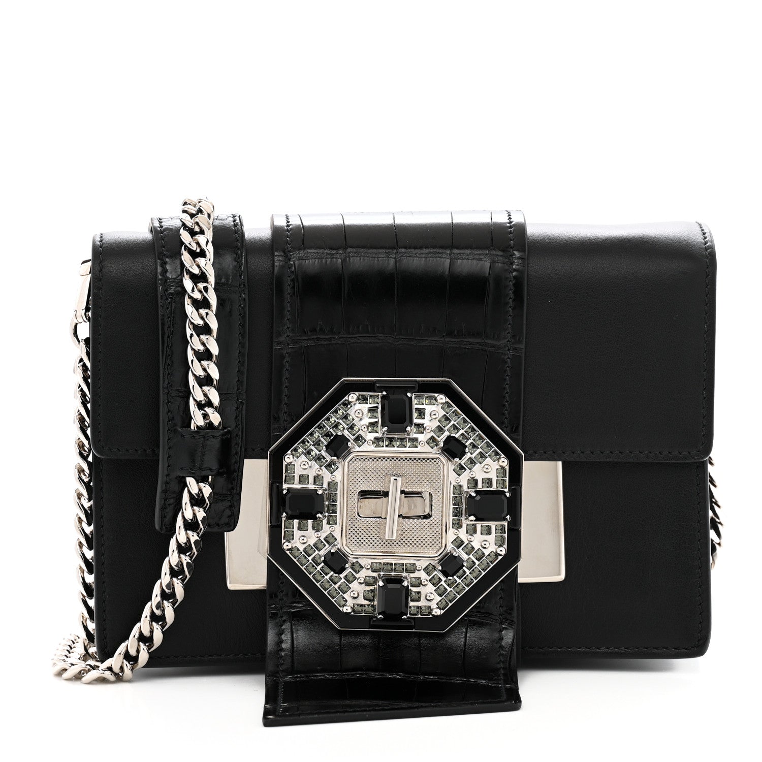 Prada City Calf Cocco Crystal Embellished Ribbon Bag Black 1 of 12