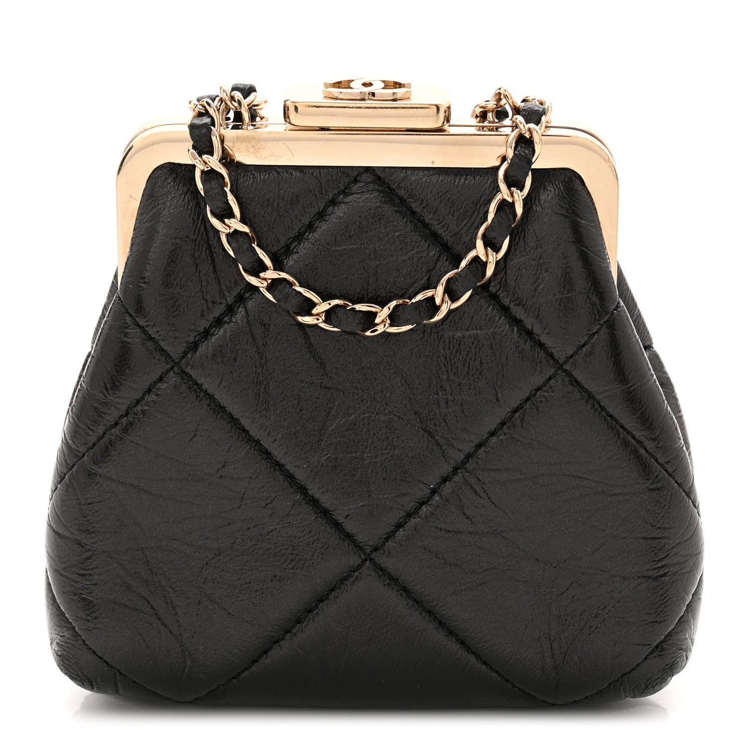 Chanel Shiny Aged Lambskin Quilted Kiss Lock Clutch With Chain