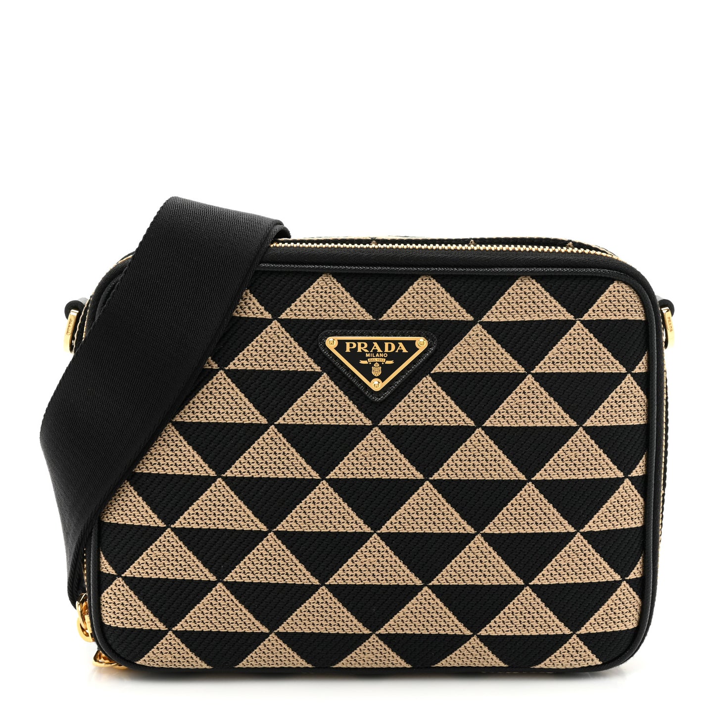 Jacquard Saffiano Triangolo Symbole Embroidered Medium Shoulder Bag Black Corda