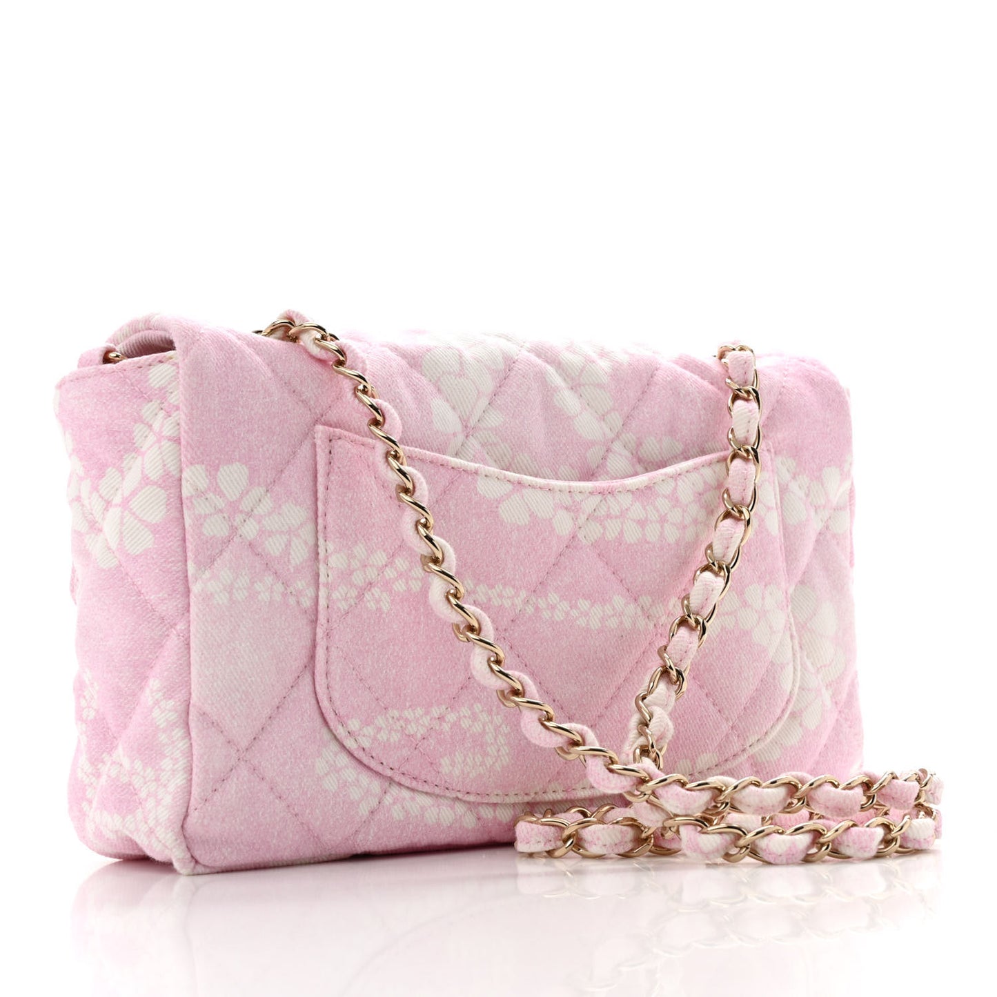 Printed Denim Quilted Flap Bag Pink White