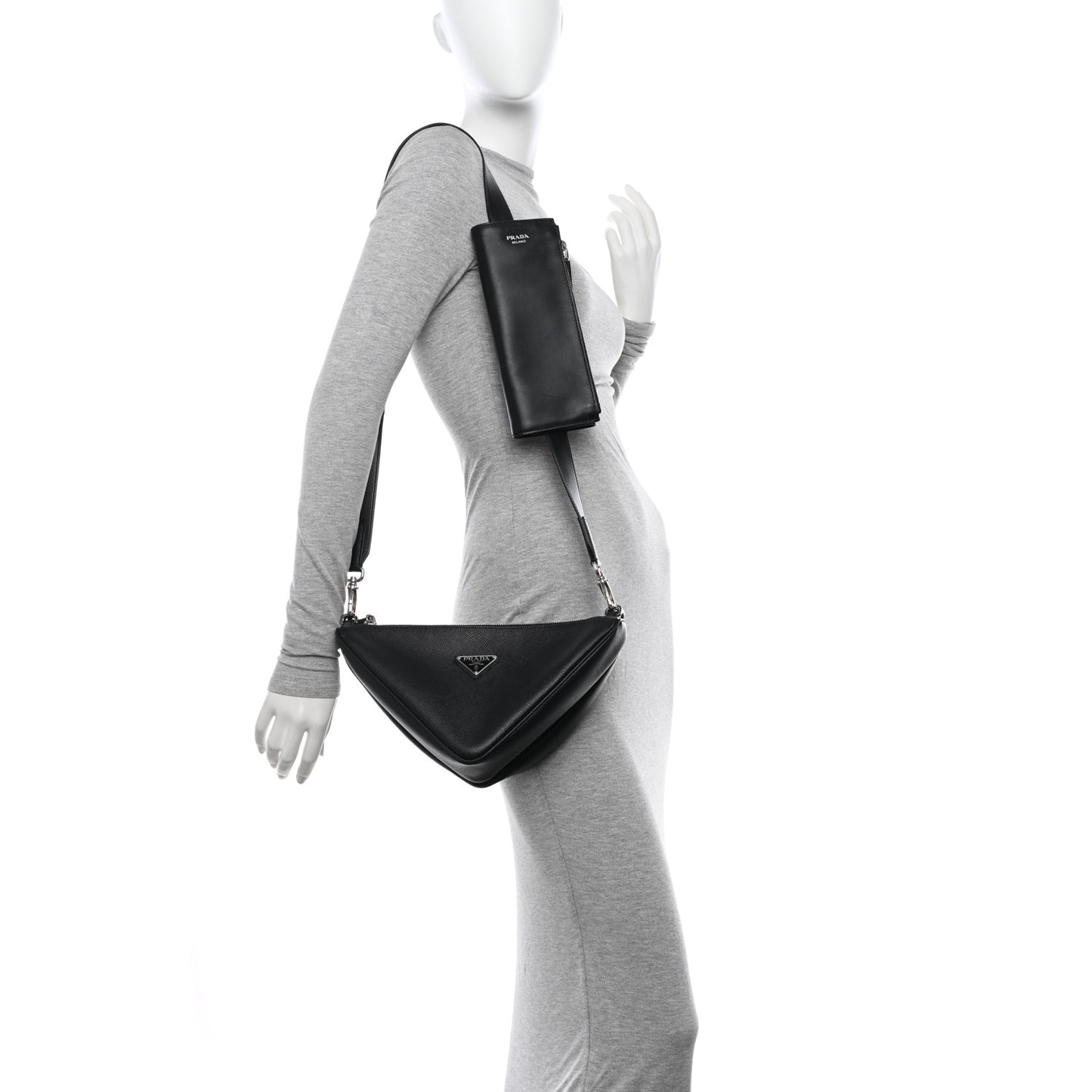 Vitello Saffiano Cuir Double Triangle Shoulder Bag Black