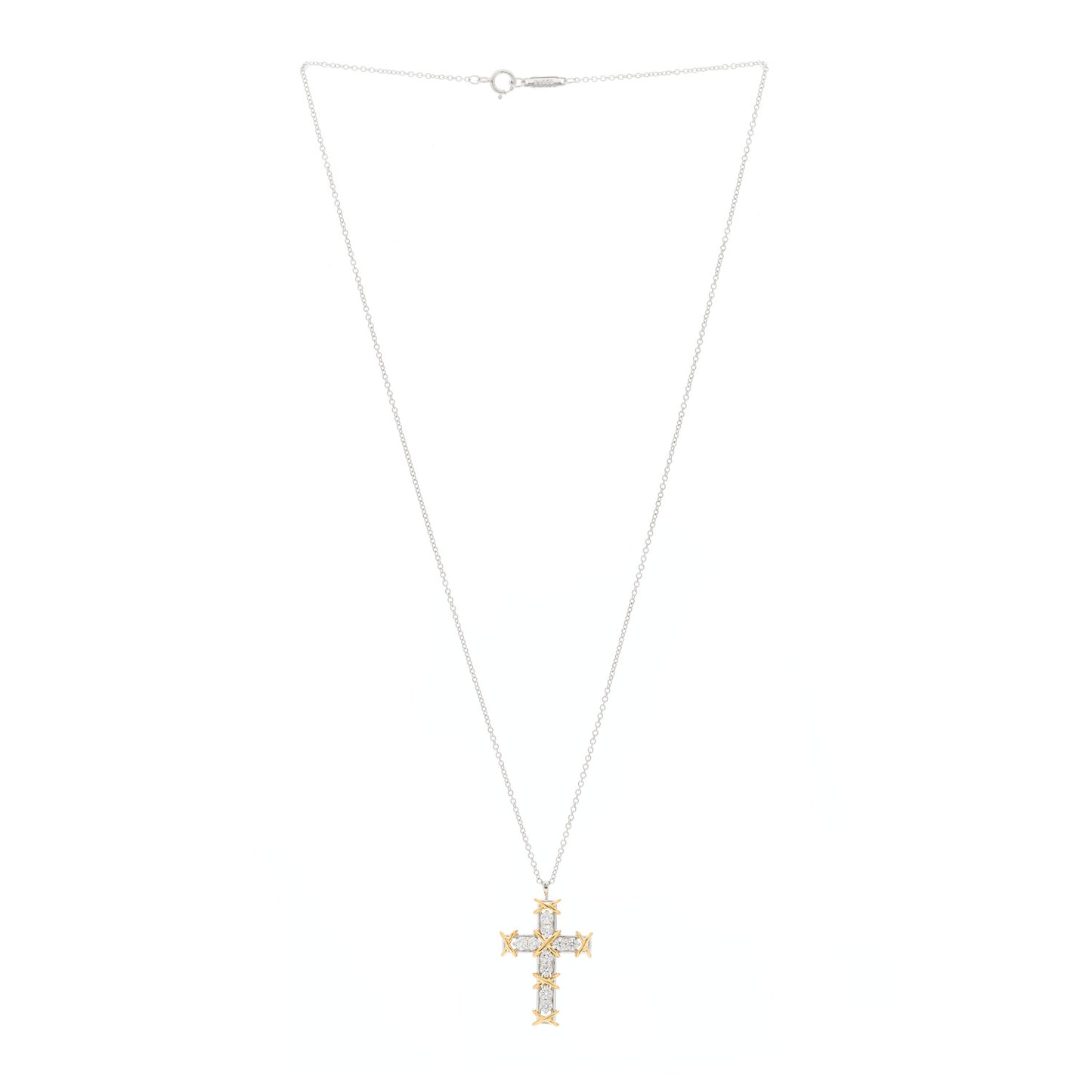 Platinum 18K Yellow Gold Diamond Schlumberger Ten Stone Cross Pendant Necklace