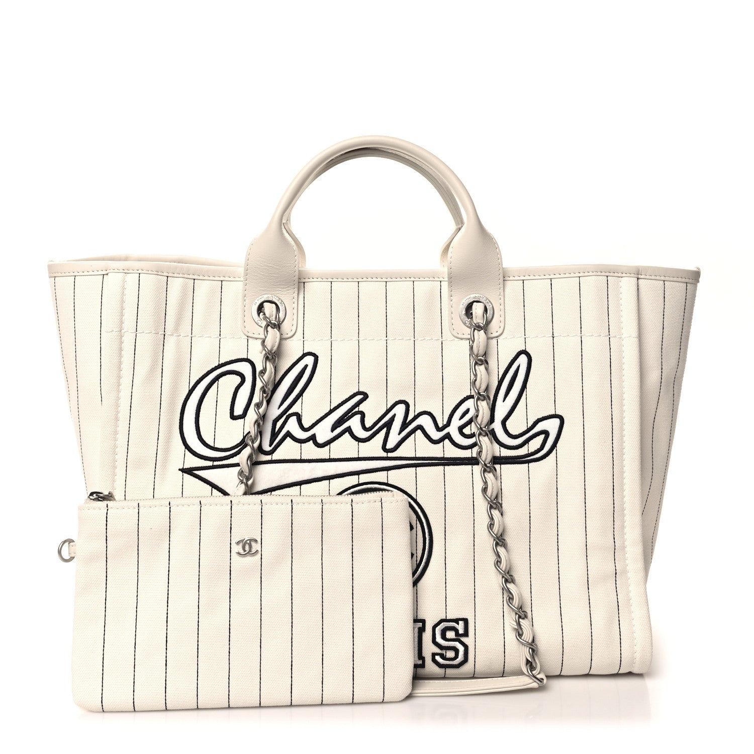 Chanel Canvas Calfskin Striped Medium Deauville Tote White Black 3 of 12