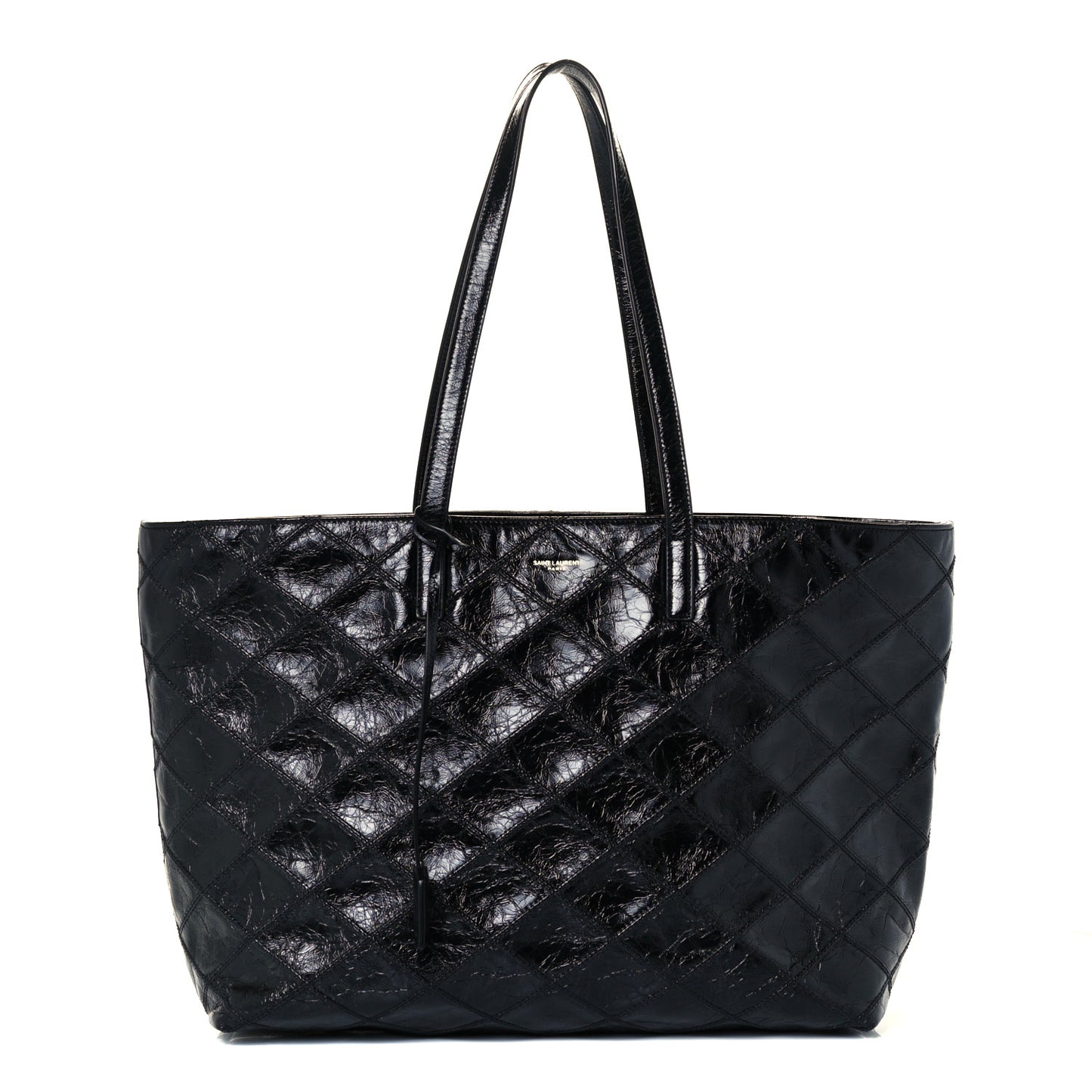 Crinkled Calfskin Quilted East West Shopping Tote Black