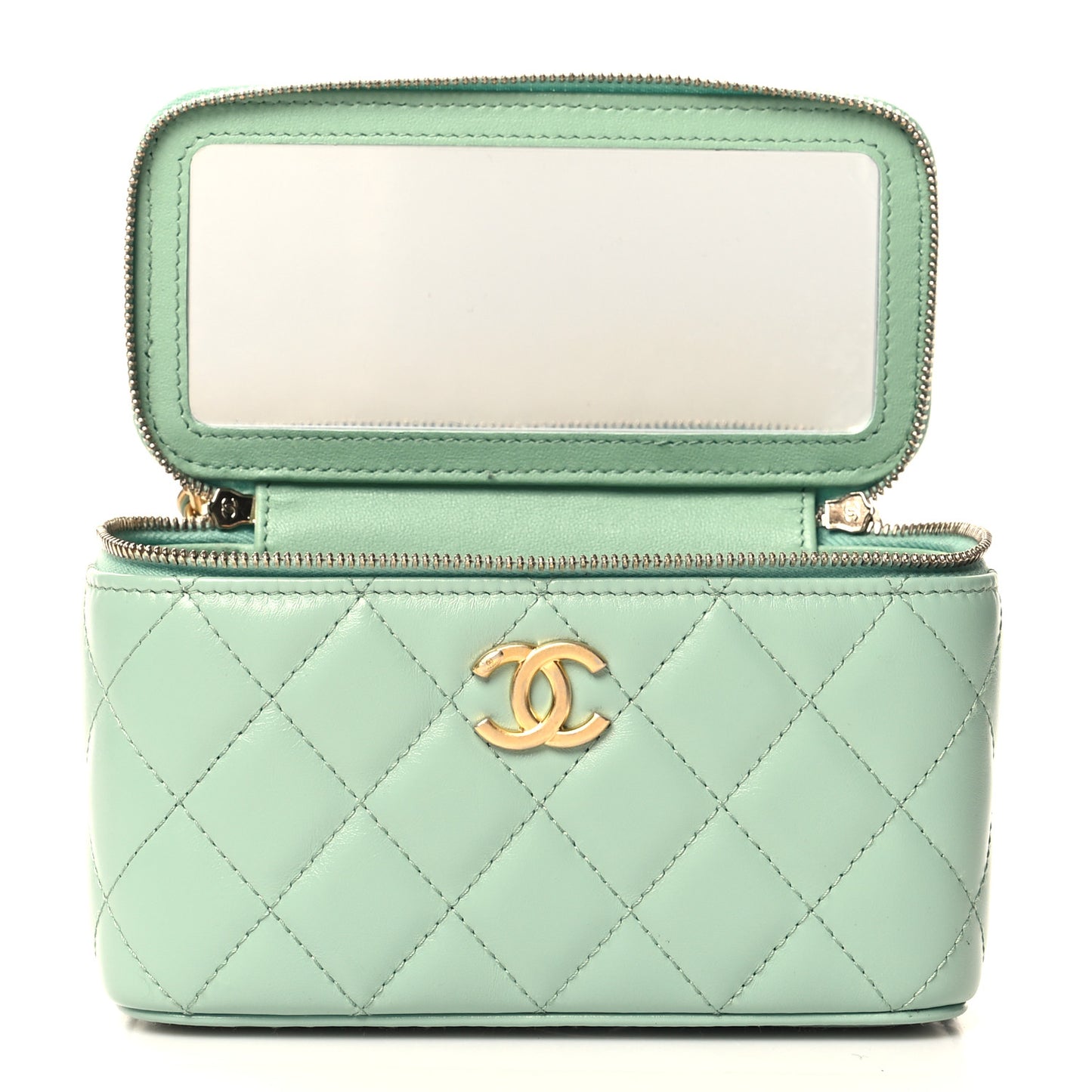 Shiny Calfskin Quilted Small Top Handle Vanity Case With Chain Light Green