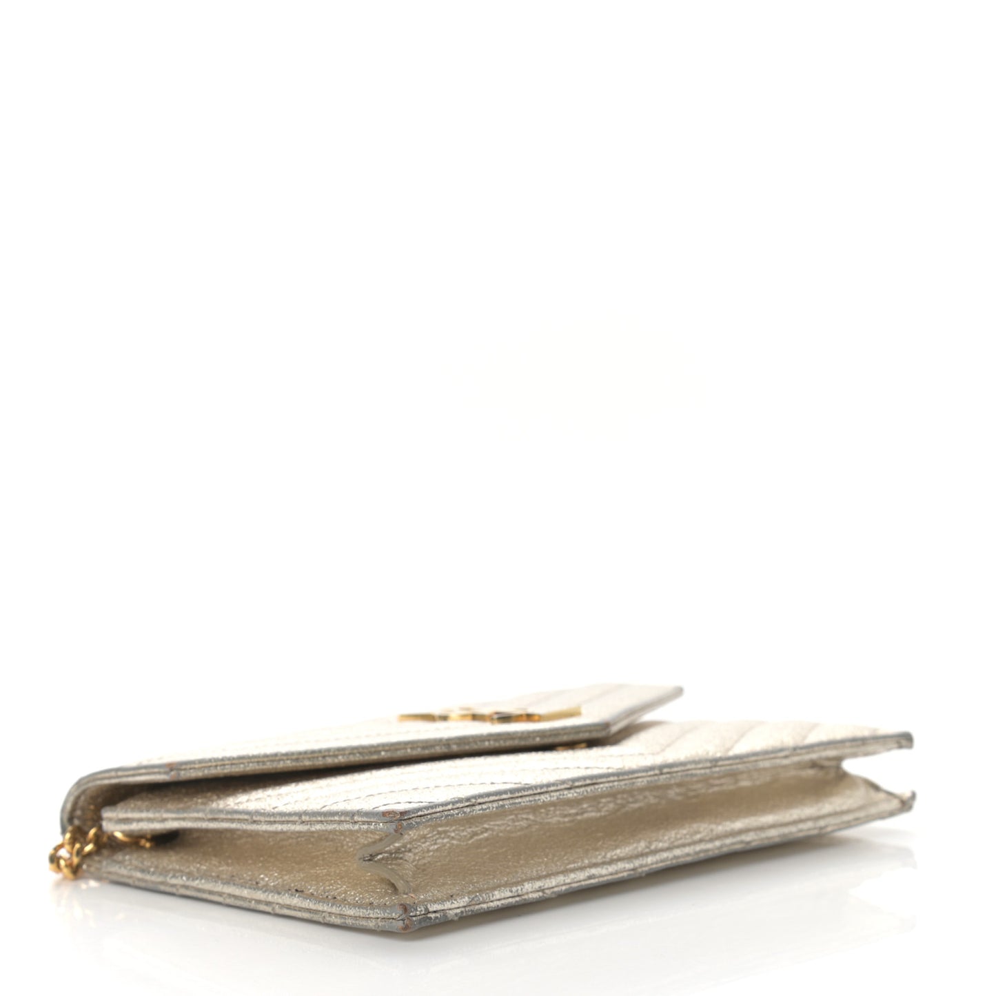 Metallic Crackled Calfskin Matelasse Chevron Monogram Envelope Chain Wallet Gold