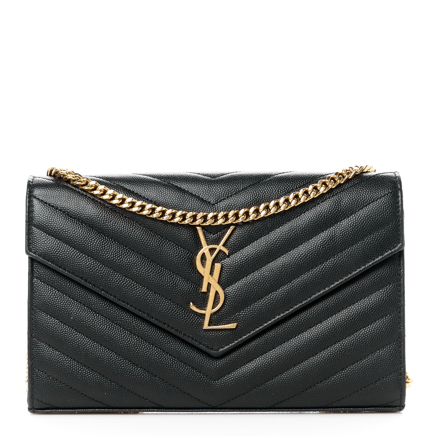 Saint Laurent Grain De Poudre Matelasse Chevron Monogram Chain Wallet Black 1 of 10