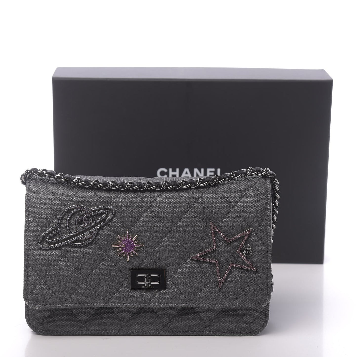 Metallic Canvas Quilted Space Charms Wallet On Chain WOC Grey