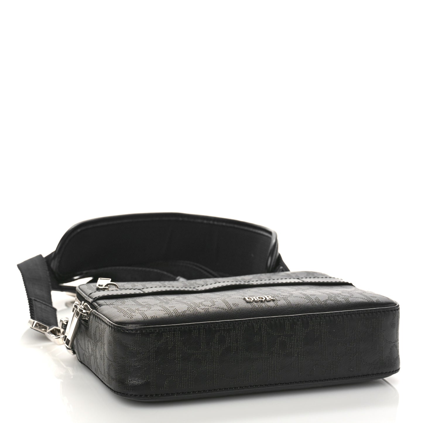 Calfskin Perforated Oblique Galaxy Safari Messenger Bag Black