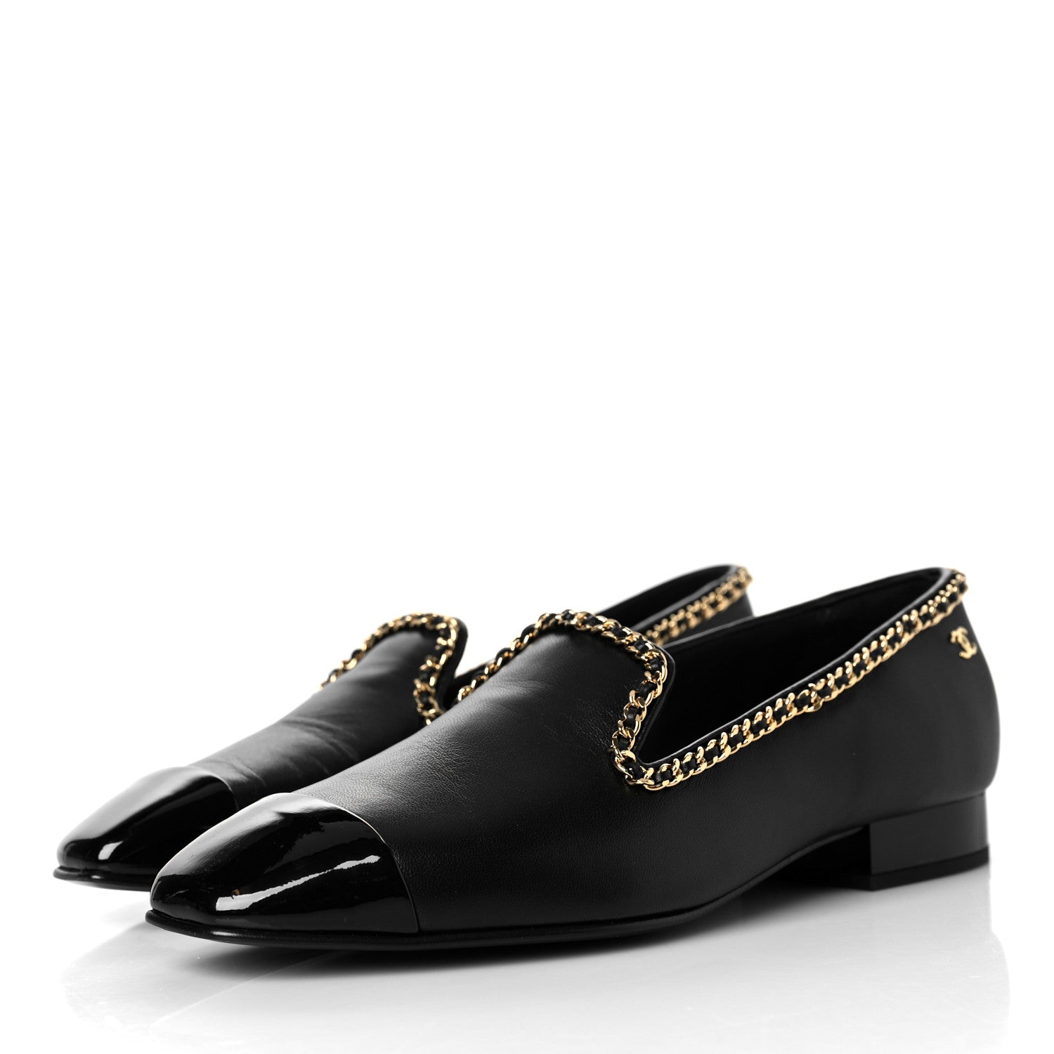 Chanel Lambskin Patent Calfskin Chain Cap Toe Loafer 36.5 Black 3 of 9