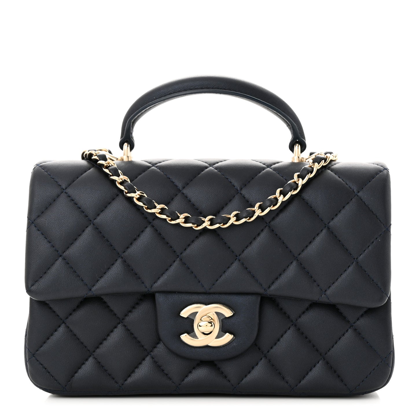 Iridescent Lambskin Quilted Mini Top Handle Rectangular Flap Dark Blue