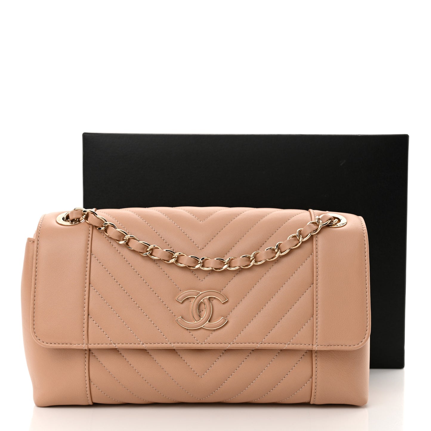 Calfskin Quilted Medium Daily Chevron Flap Beige