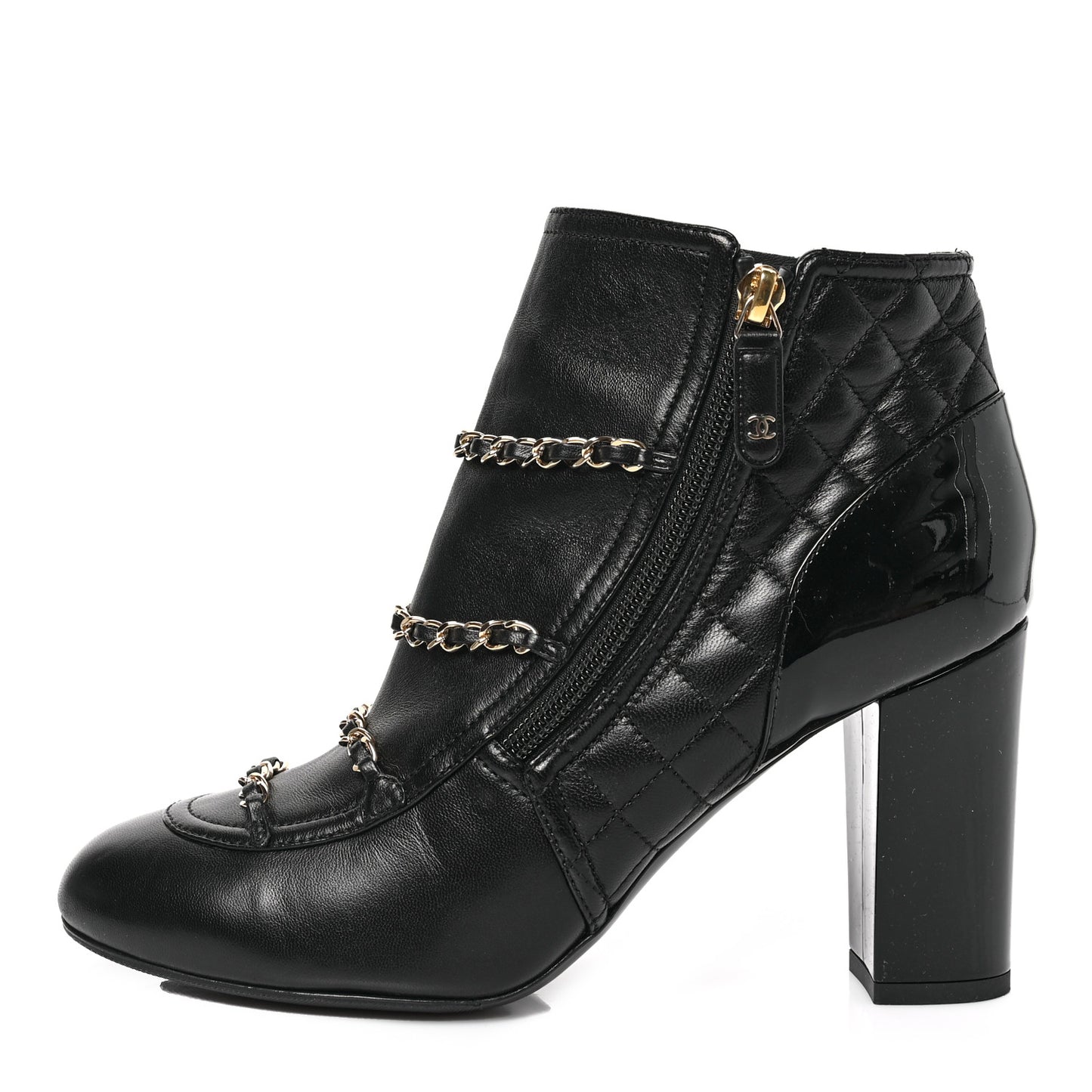 Lambskin Patent Calfskin Chain CC Short Boots 39.5 Black