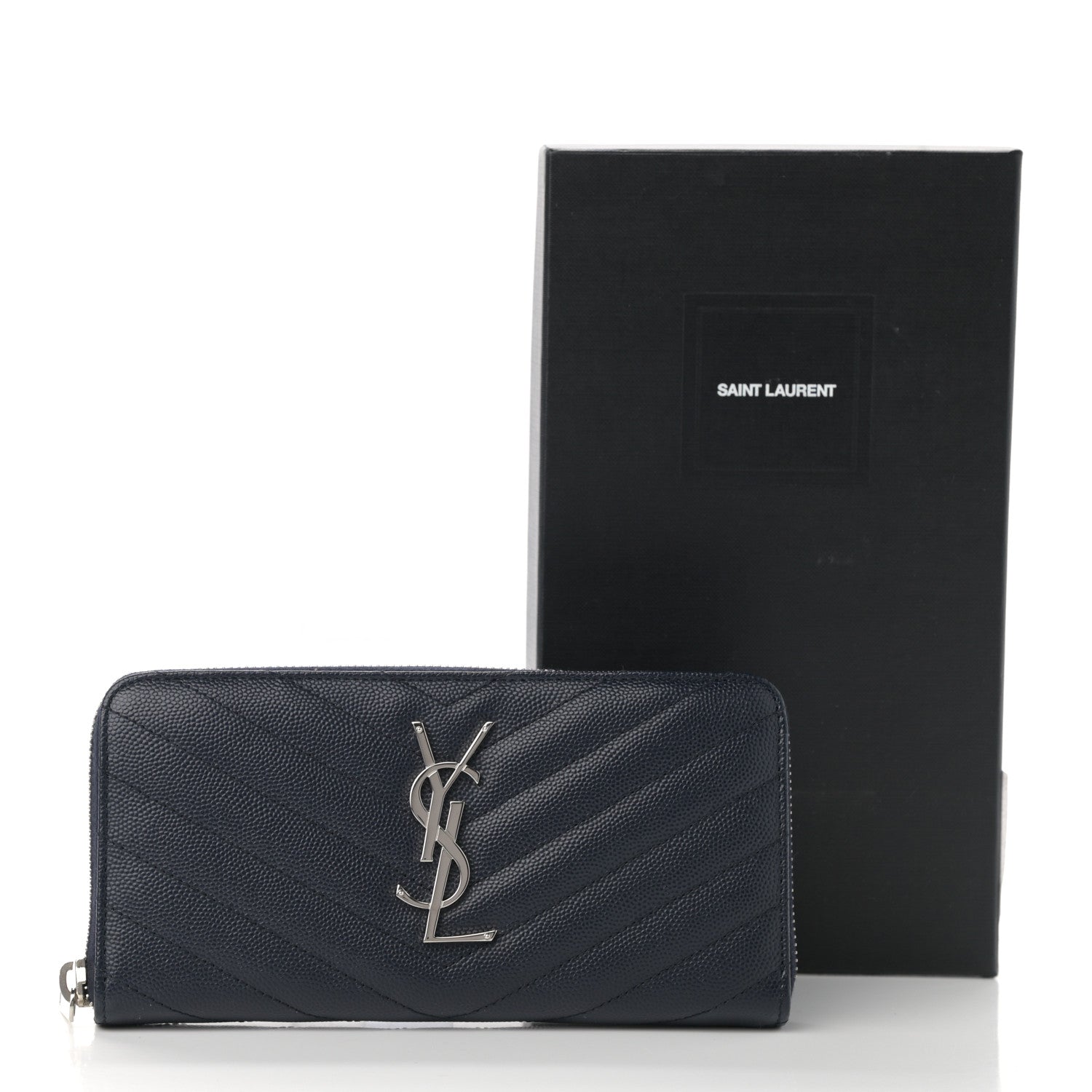 Saint Laurent Grain De Poudre Matelasse Chevron Monogram Zip Around Wallet Deep Marine 10 of 10