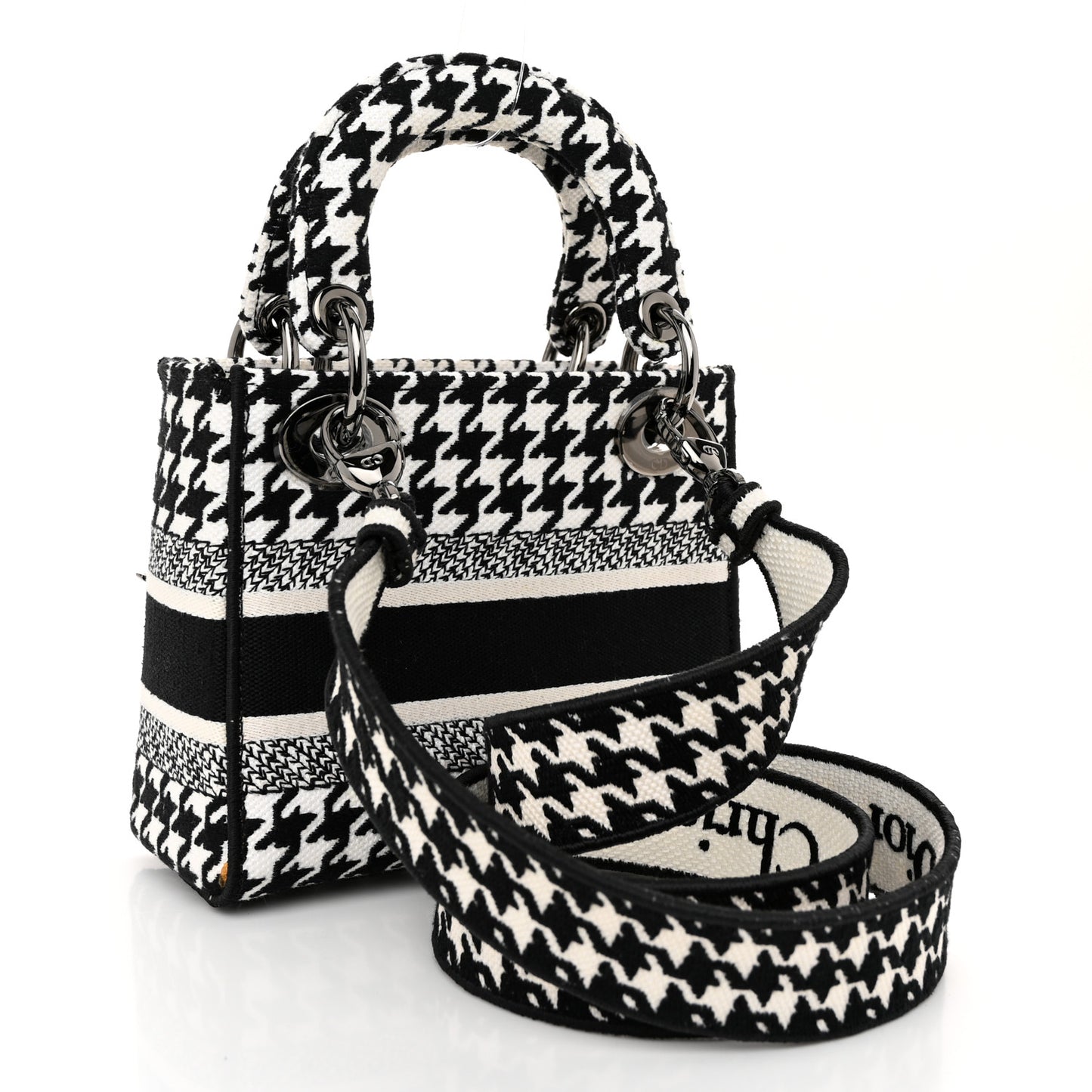 Canvas Houndstooth Embroidered Mini Lady D-Lite Black White