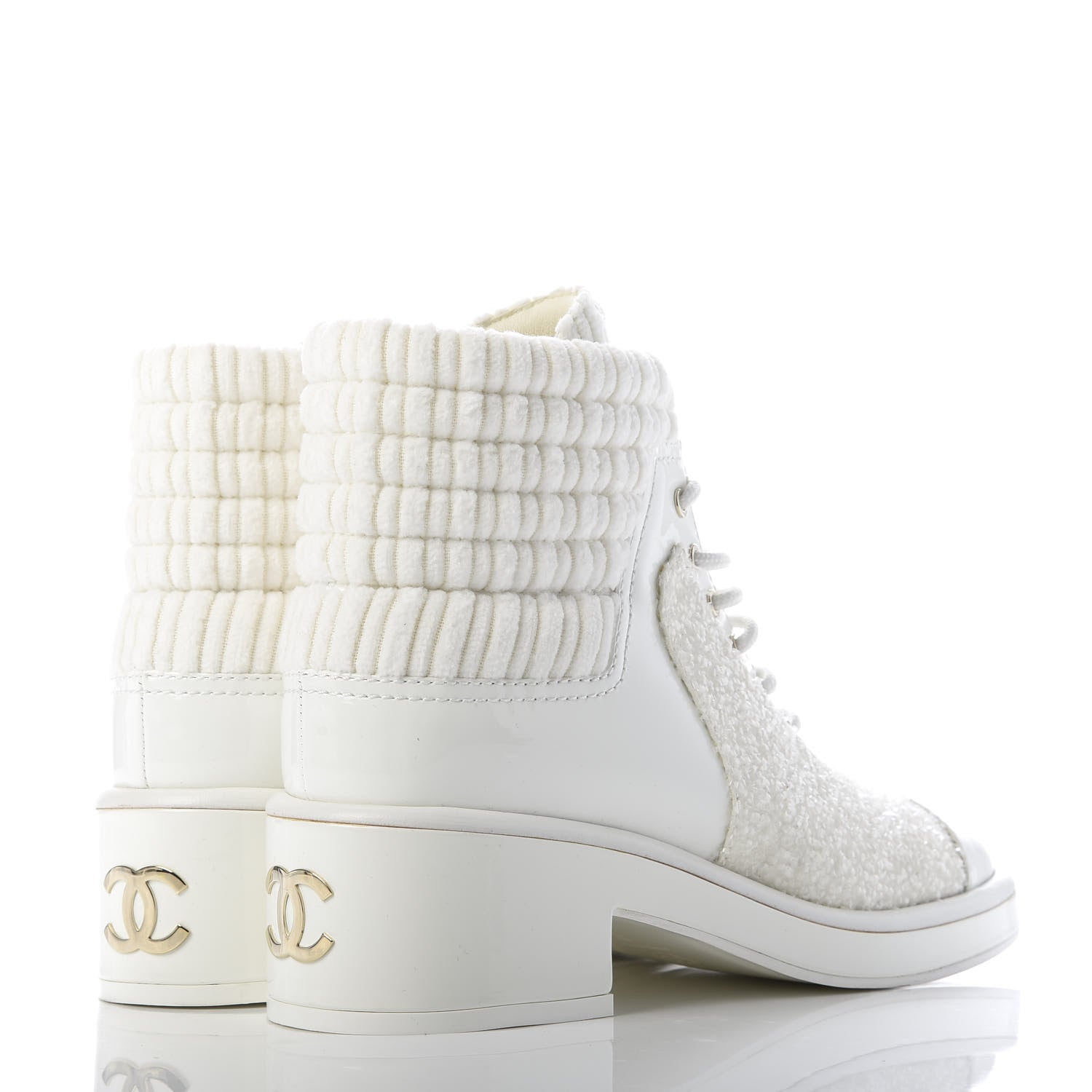 Chanel Tweed Patent Calfskin Velvet Lace Up Boots 37 White 4 of 9