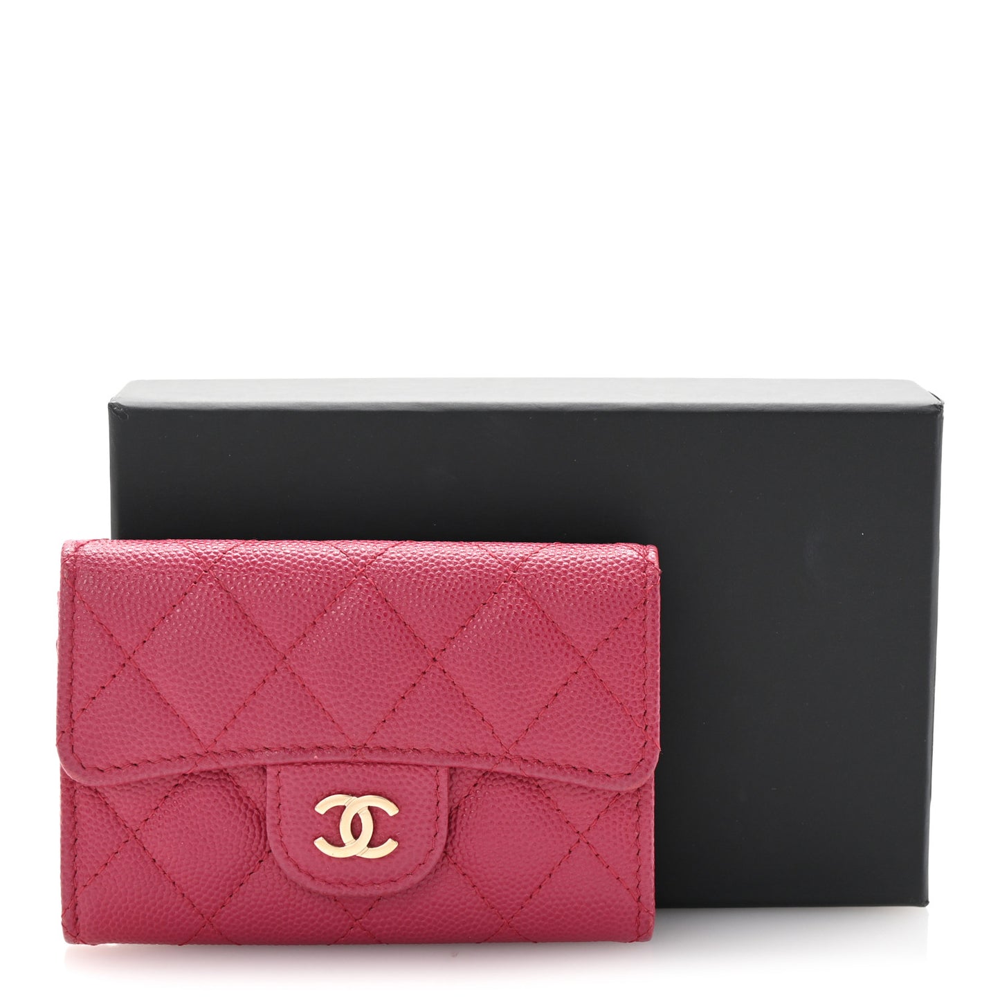 Caviar Quilted Flap Card Holder Wallet Dark Pink