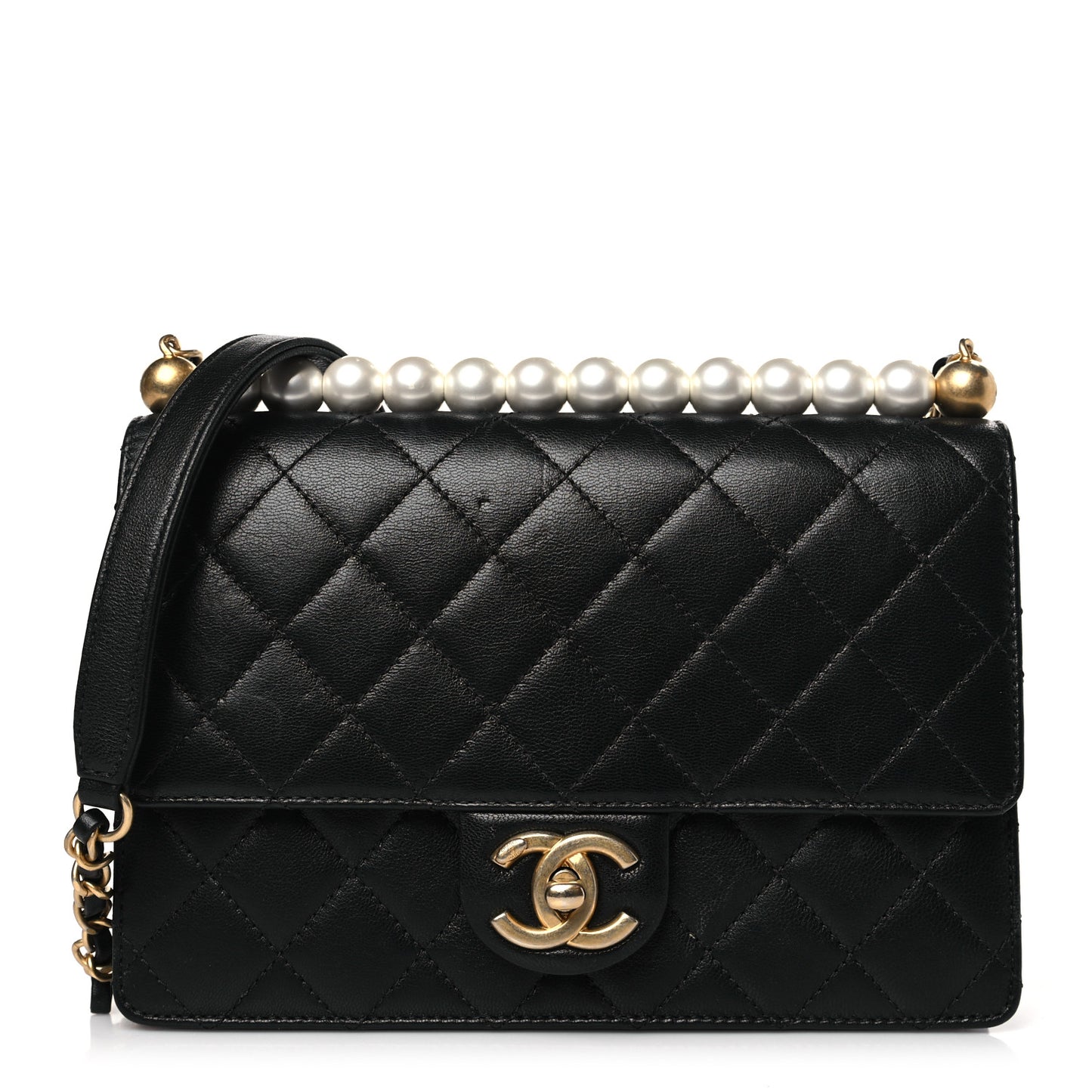 Lambskin Quilted Small Chic Pearls Flap Black
