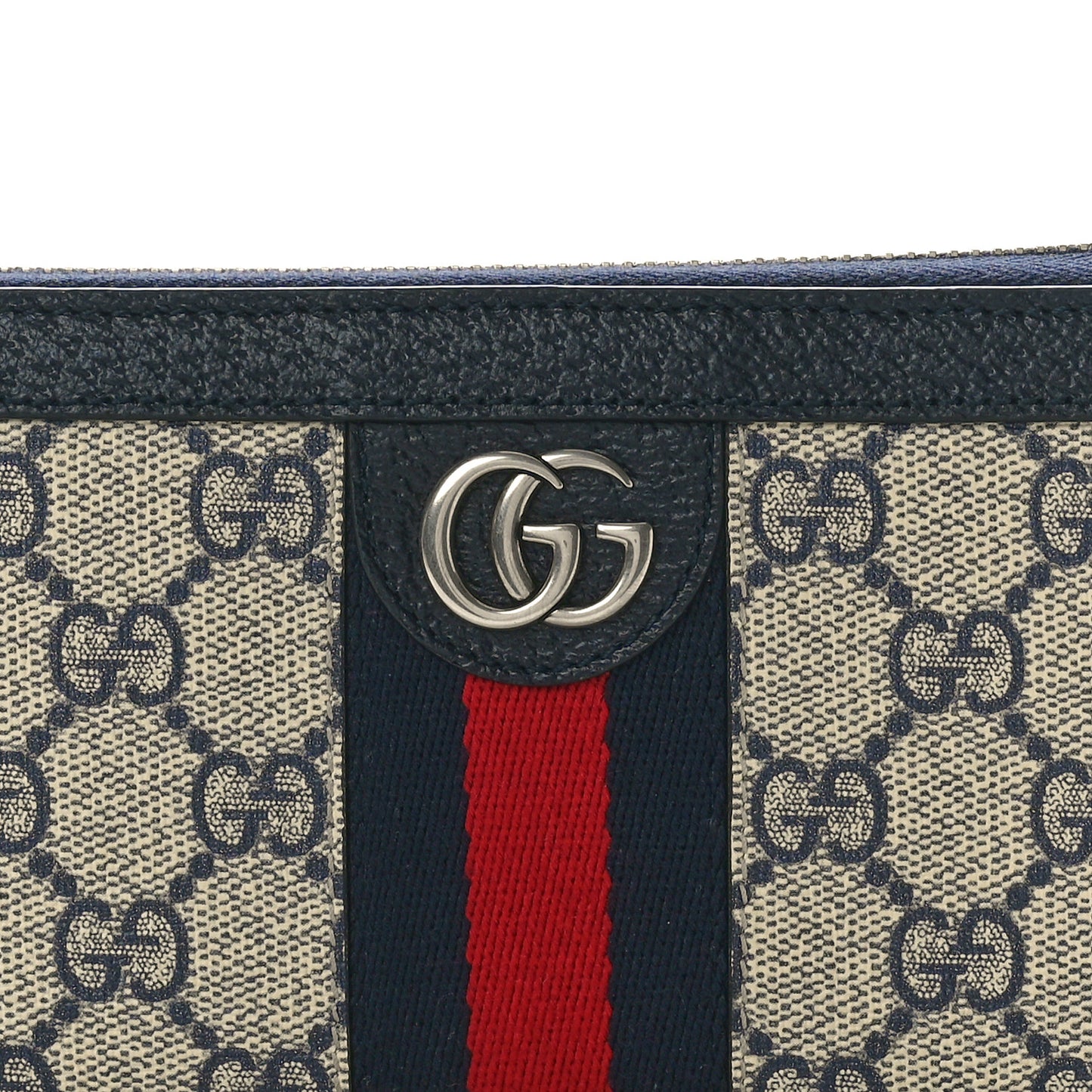GG Supreme Monogram Textured Dollar Calfskin Web Ophidia Zip Around Wallet Beige Blue