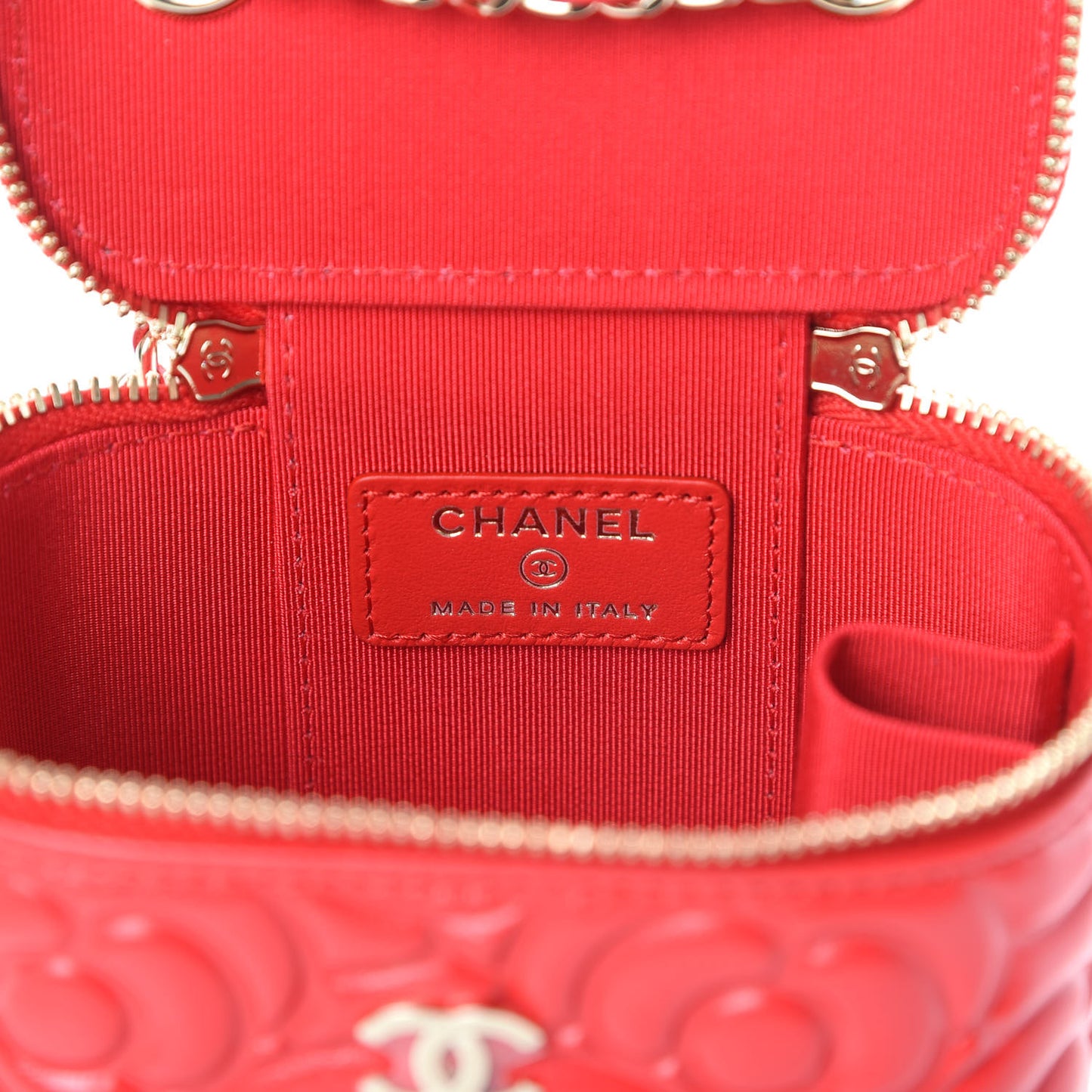 Lambskin Camellia Embossed Mini Vanity Case With Chain Red