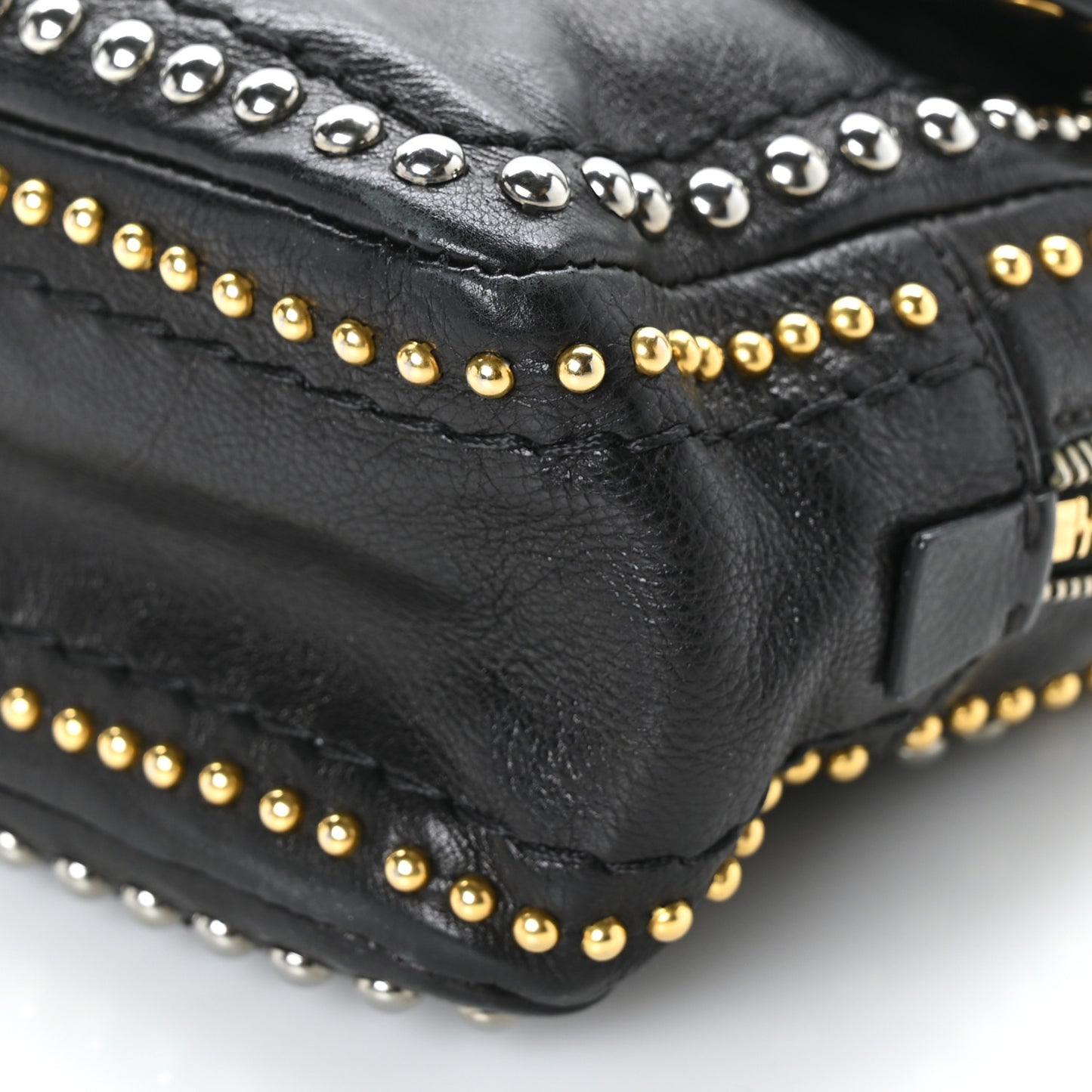 Glace Calf Studded Pushlock Chain Shoulder Bag Black