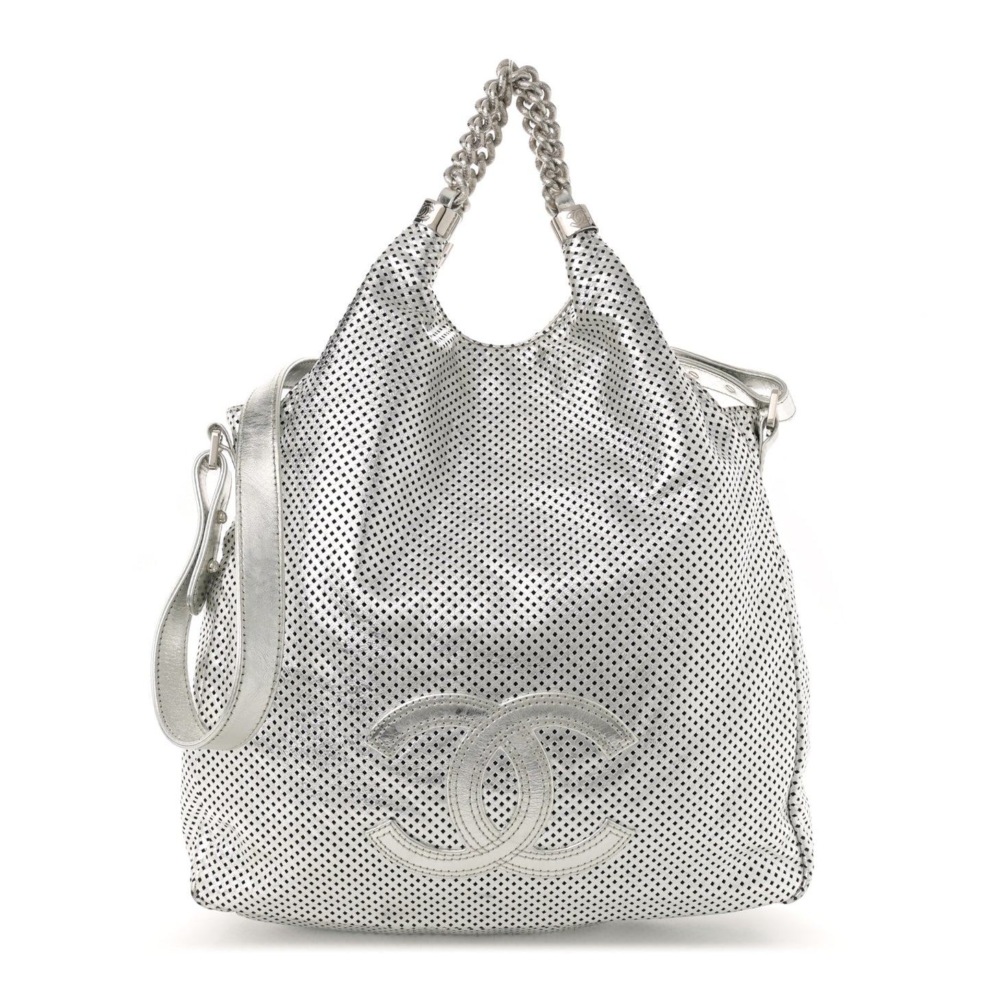 Metallic Glazed Calfskin Perforated Medium Rodeo Drive Tote Silver