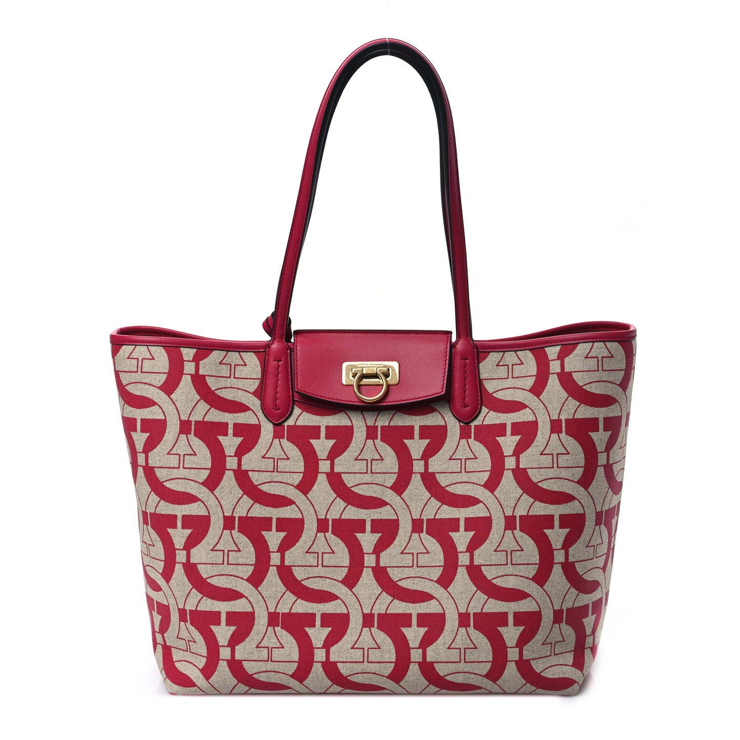 Canvas Calfskin Gancini Tote Red Beige