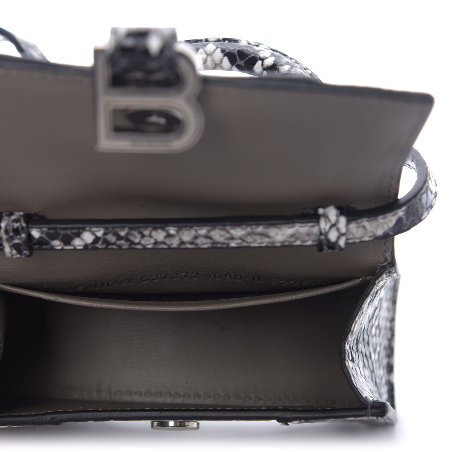 Shiny Calfskin Python Effect Hourglass Top Handle Bag Mini Black White