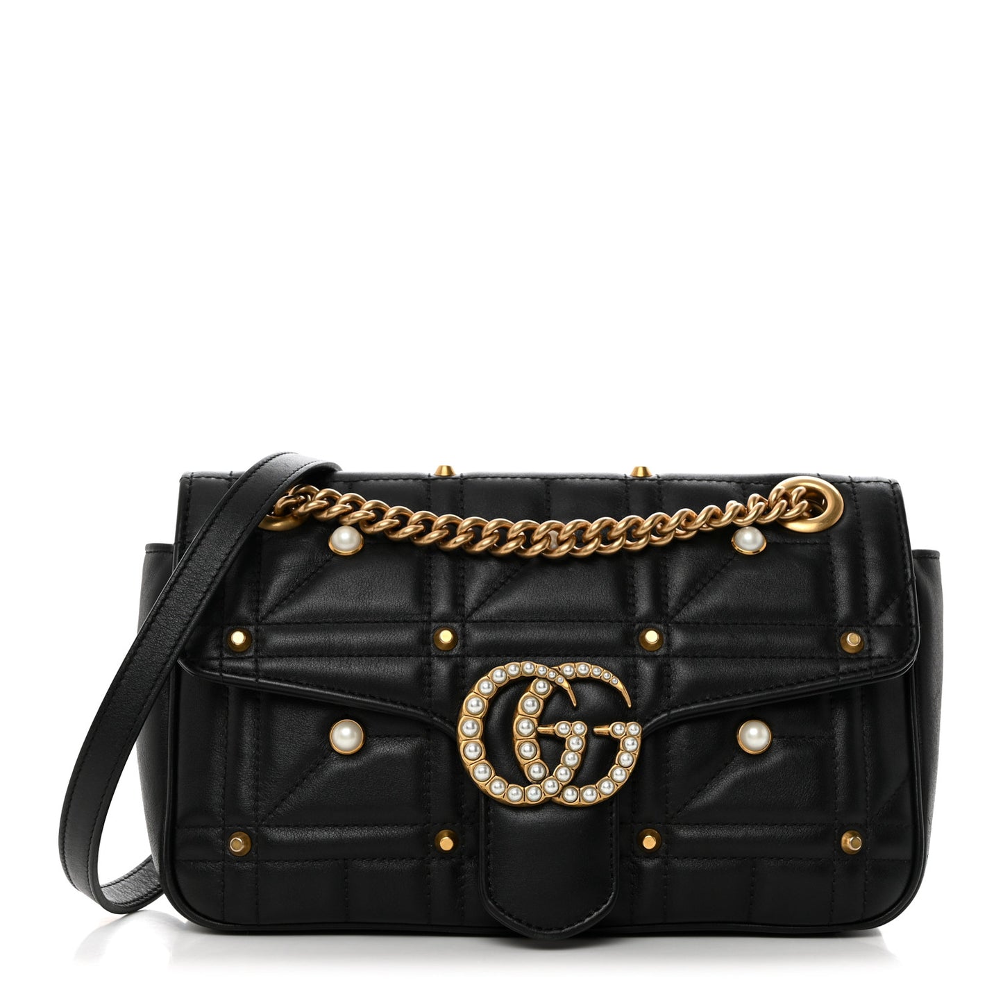 Calfskin Matelasse Studded Small Pearly GG Marmont Shoulder Bag Black