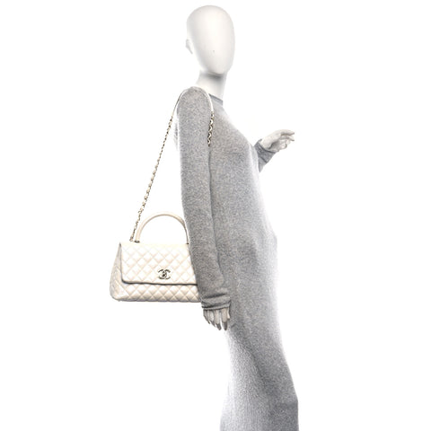 Iridescent Caviar Quilted Small Coco Handle Flap White