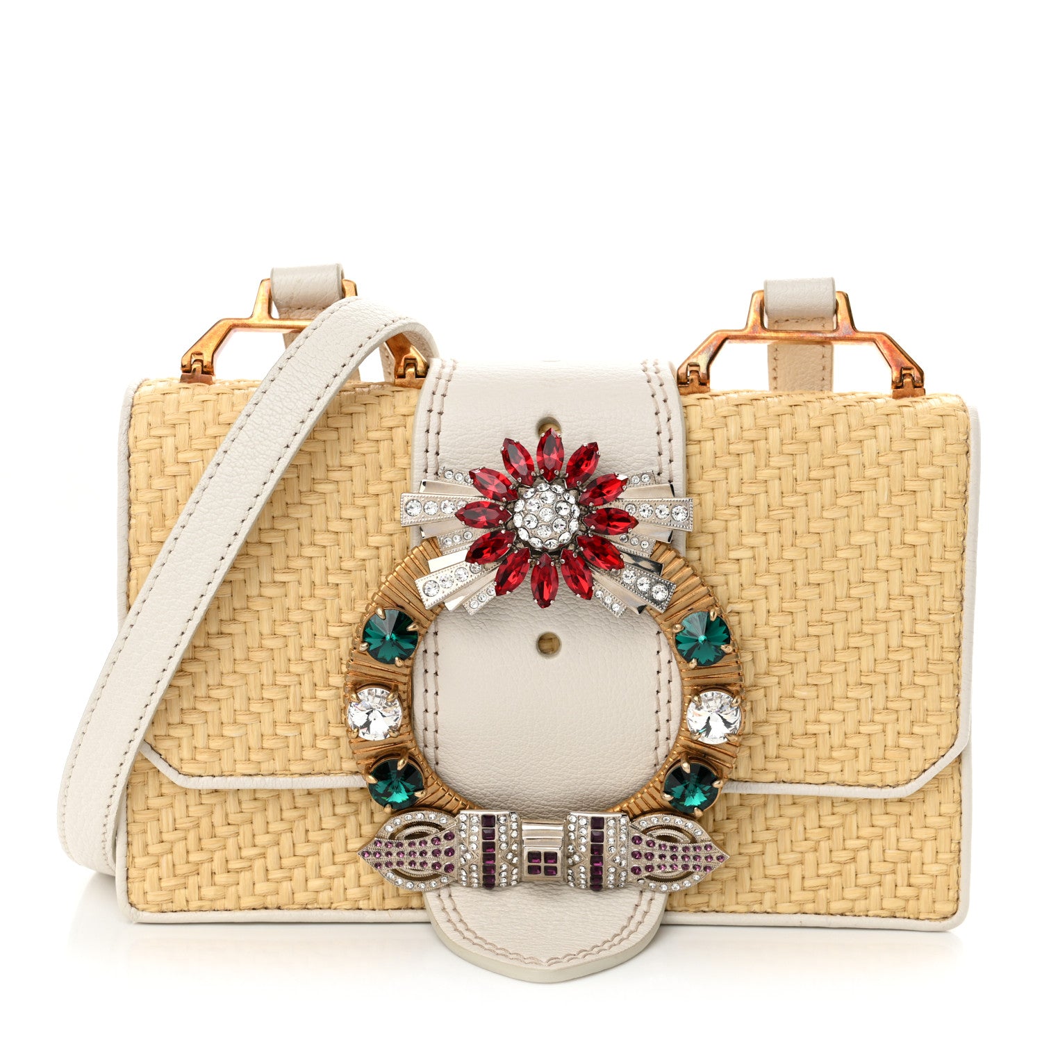 Miu Miu Raffia Madras Crystal Embellished Lady Shoulder Bag Naturale White 1 of 18