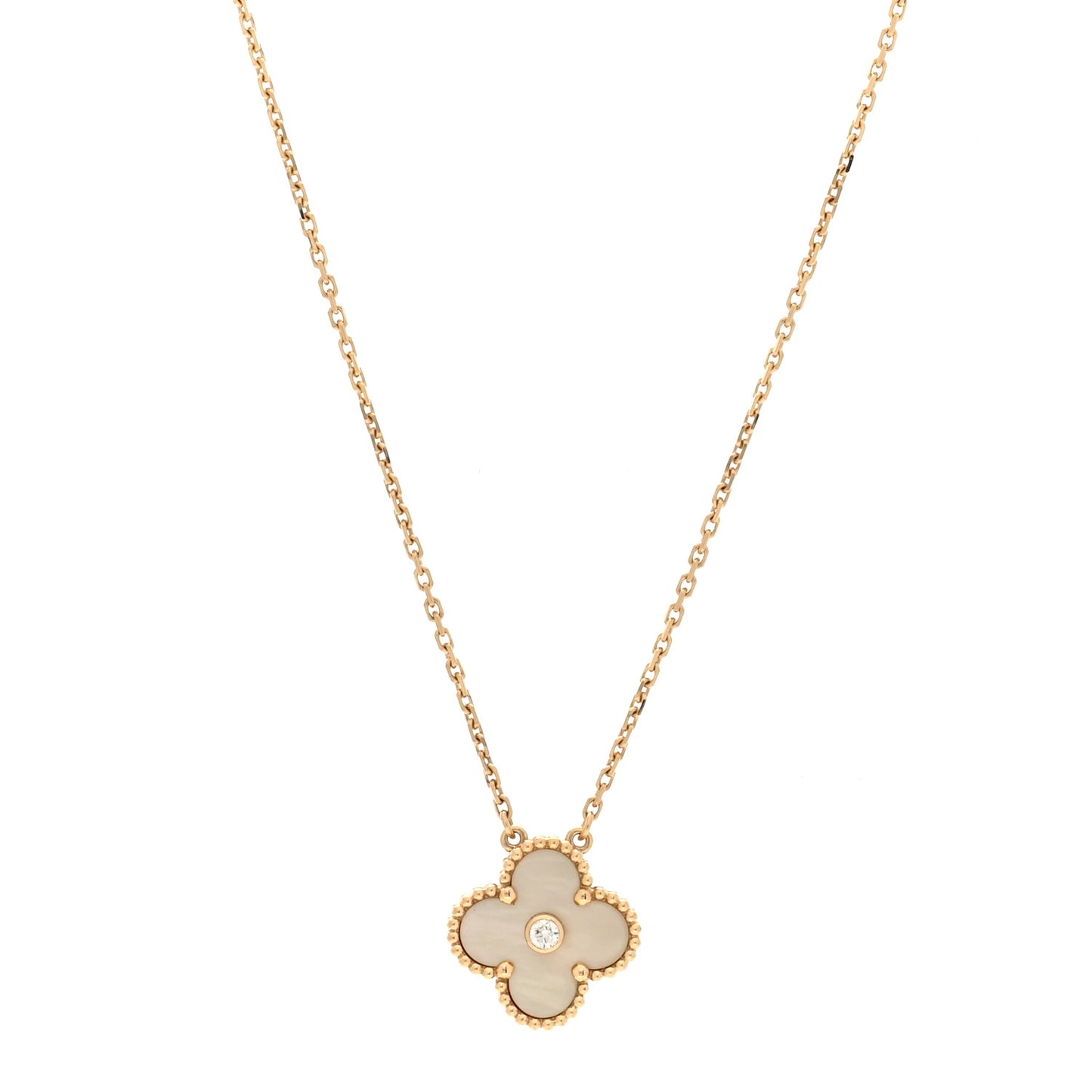 18K Yellow Gold Diamond Yellow Mother of Pearl Vintage Alhambra Pendant Necklace
