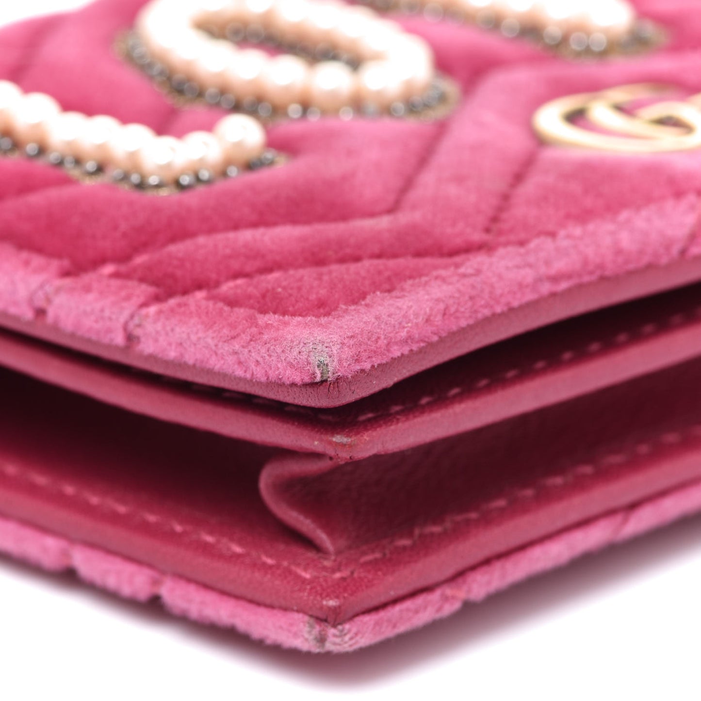 Velvet Matelasse Pearl Love Embroidered GG Marmont Card Case Wallet Light Raspberry Rose
