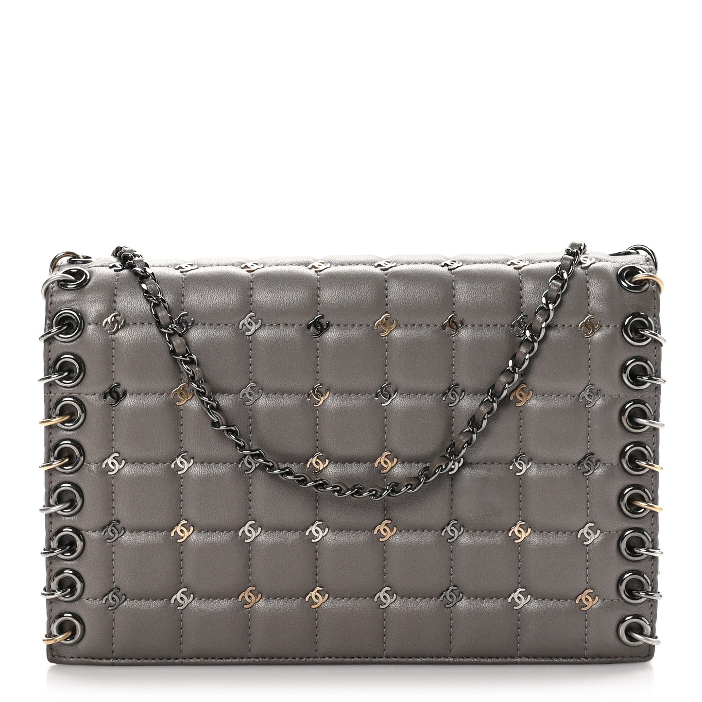 Lambskin Chocolate Bar Piercing CC Studded Small Chain Flap Bag Grey