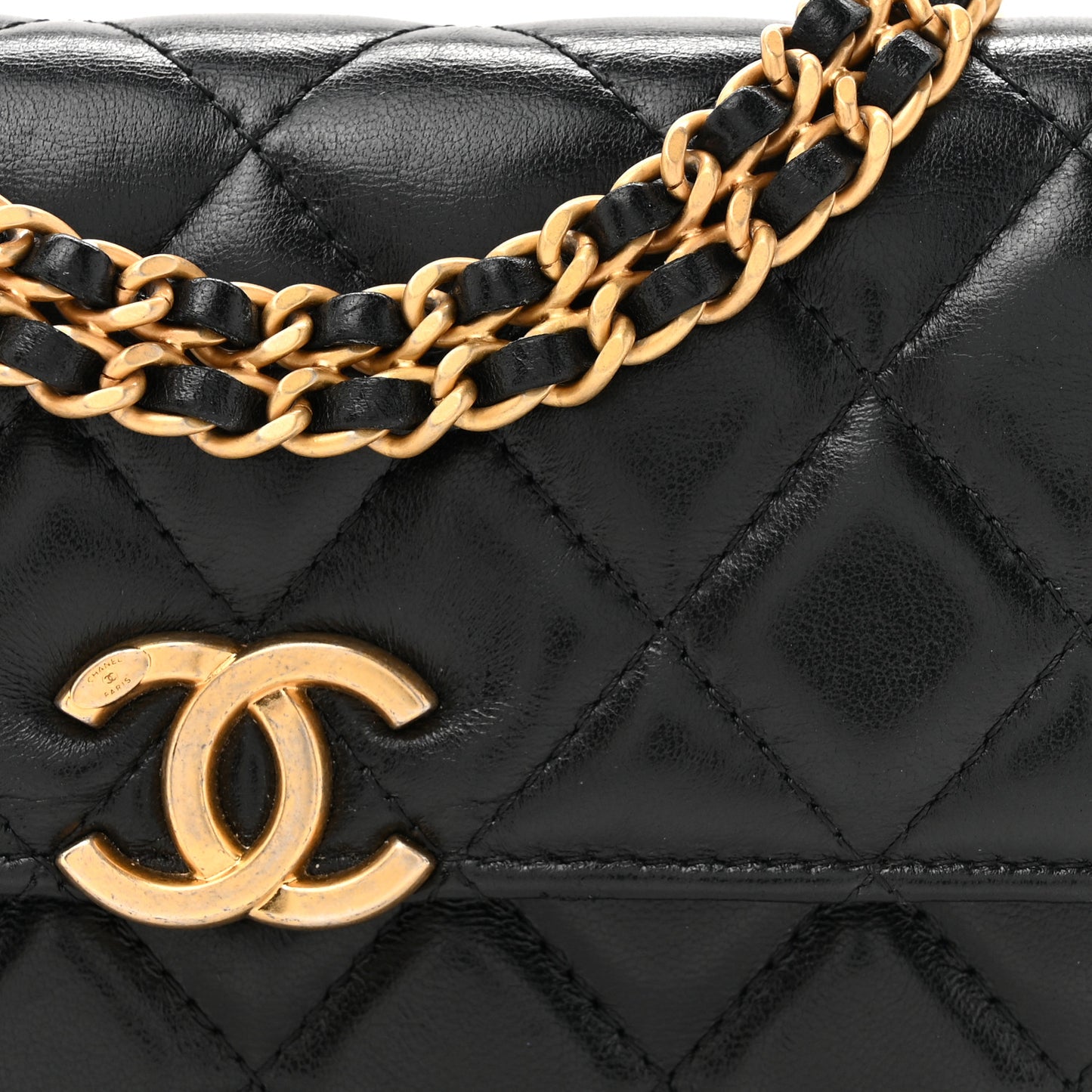 Lambskin Quilted CC Logo Flap Phone Holder With Chain Black