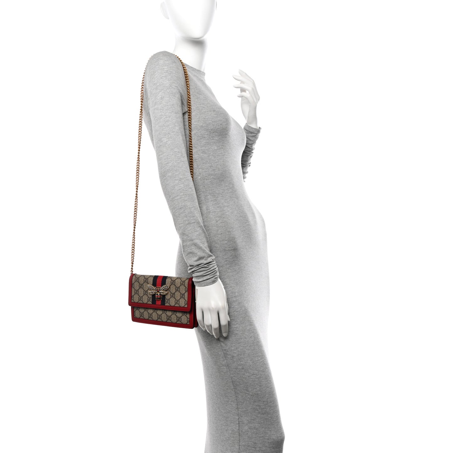 GG Supreme Monogram Web Queen Margaret Chain Wallet Red