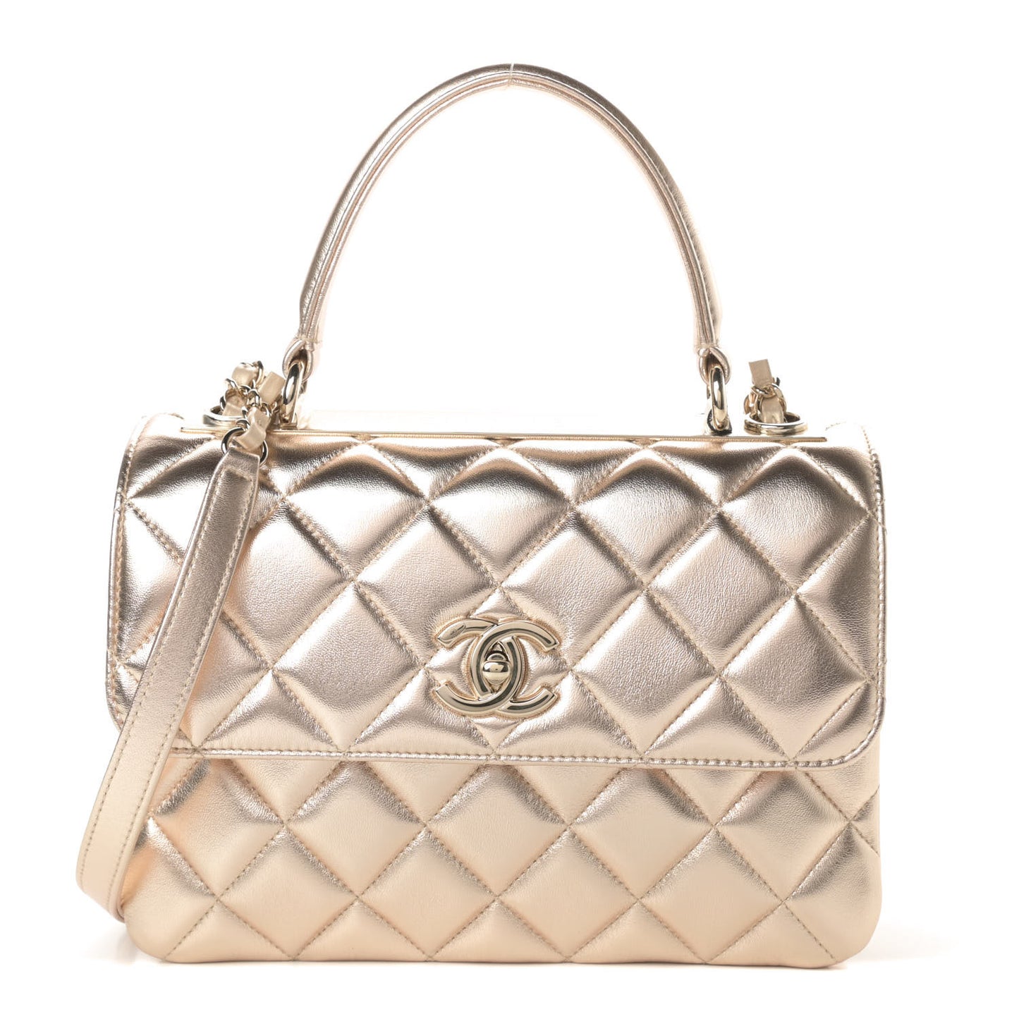 Metallic Lambskin Quilted Small Trendy CC Flap Dual Handle Bag Gold