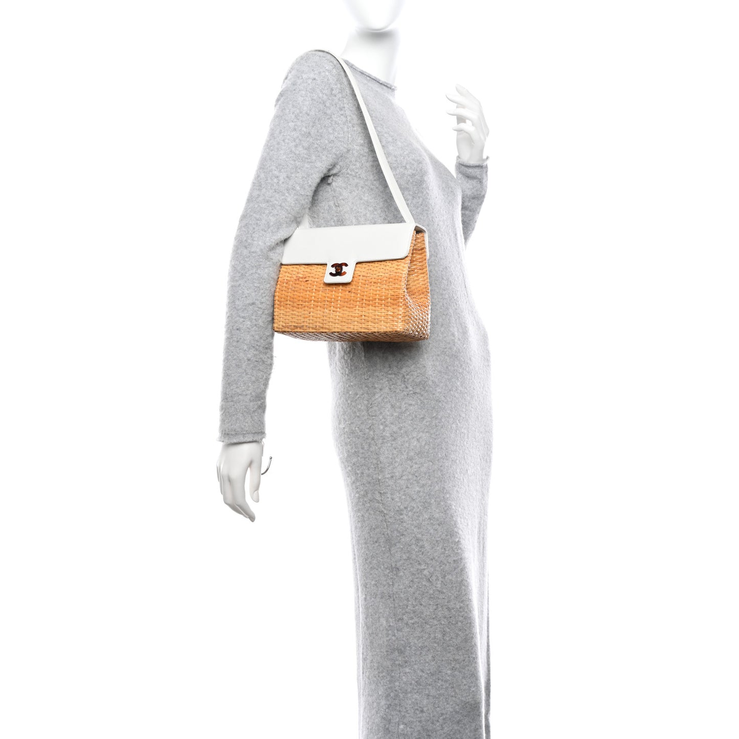 Calfskin Rattan Basket Flap Shoulder Bag White