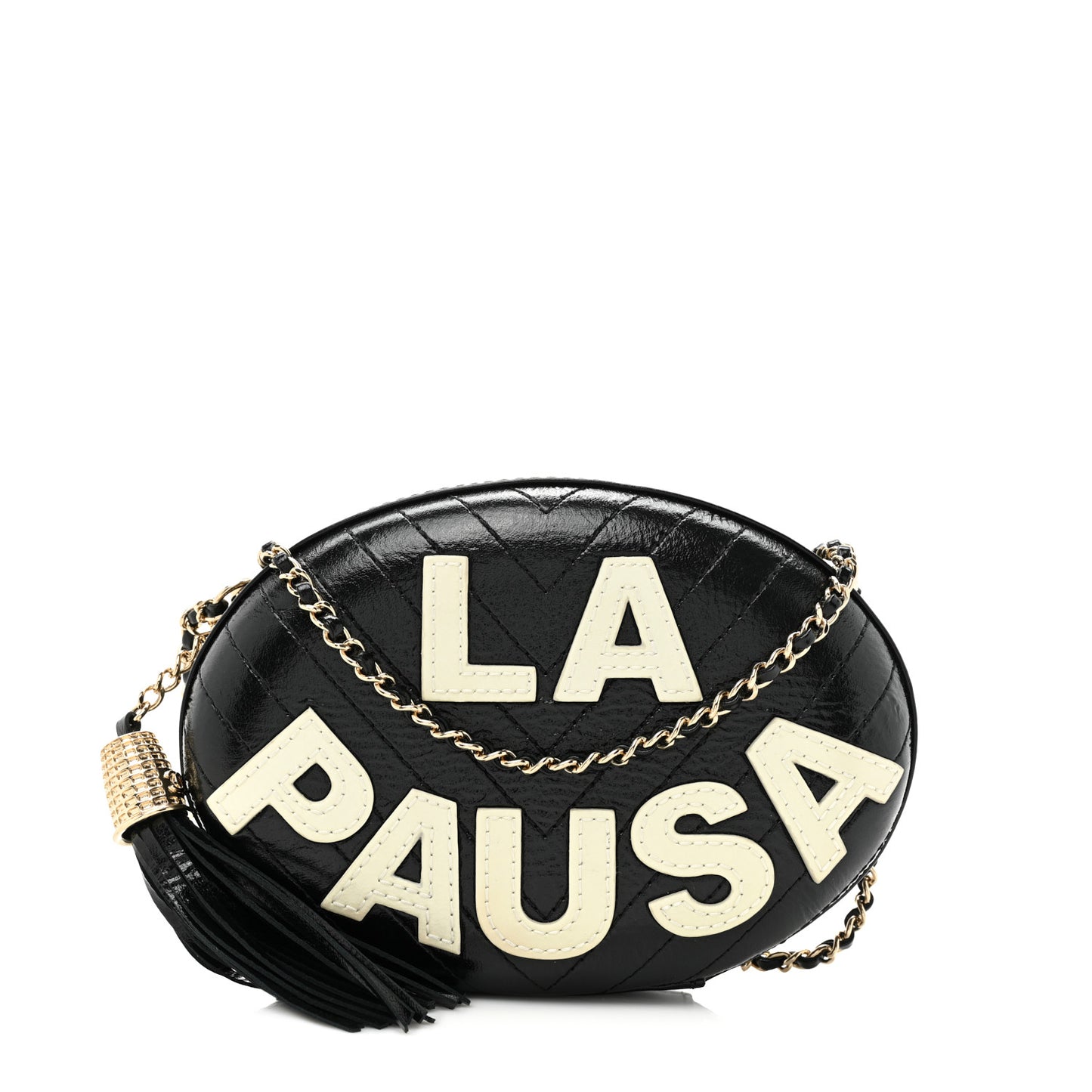Lambskin Embroidered Chevron Quilted La Pausa Tassel Clutch Black